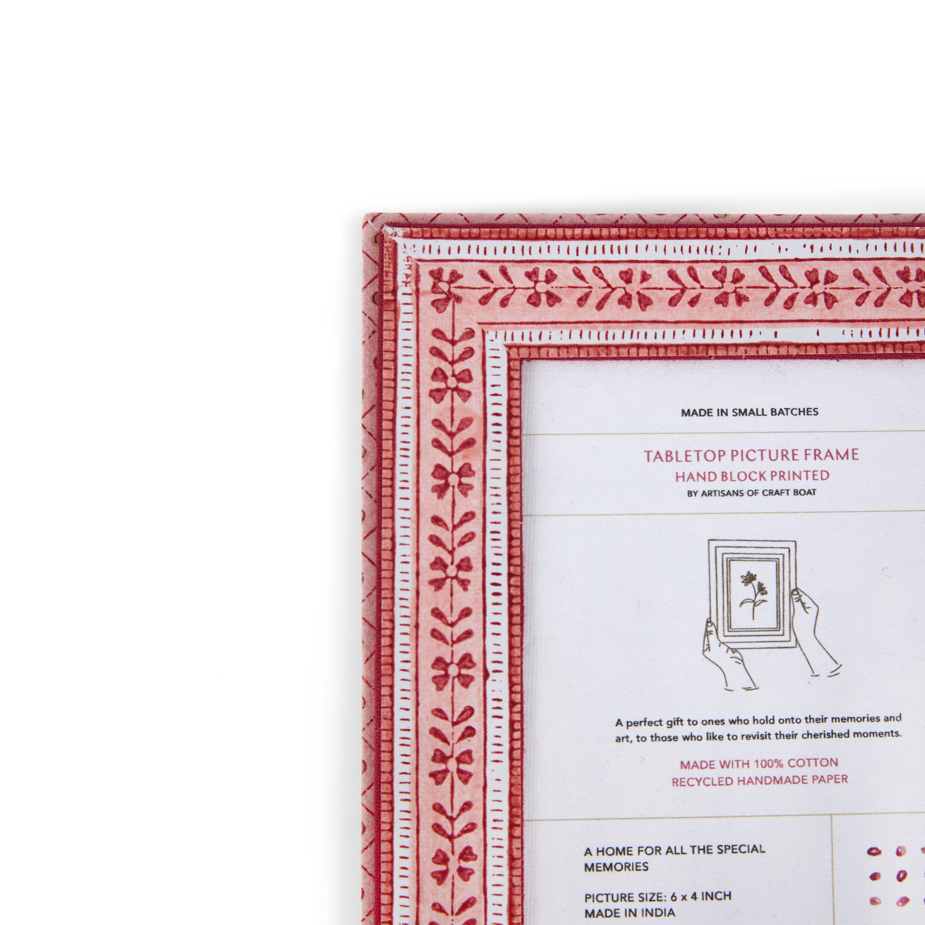 Garnet Red Floral Stripe – Hand Block Printed Tabletop Picture Frame (7.25" x 5.75", fits 6" x 4" photo)