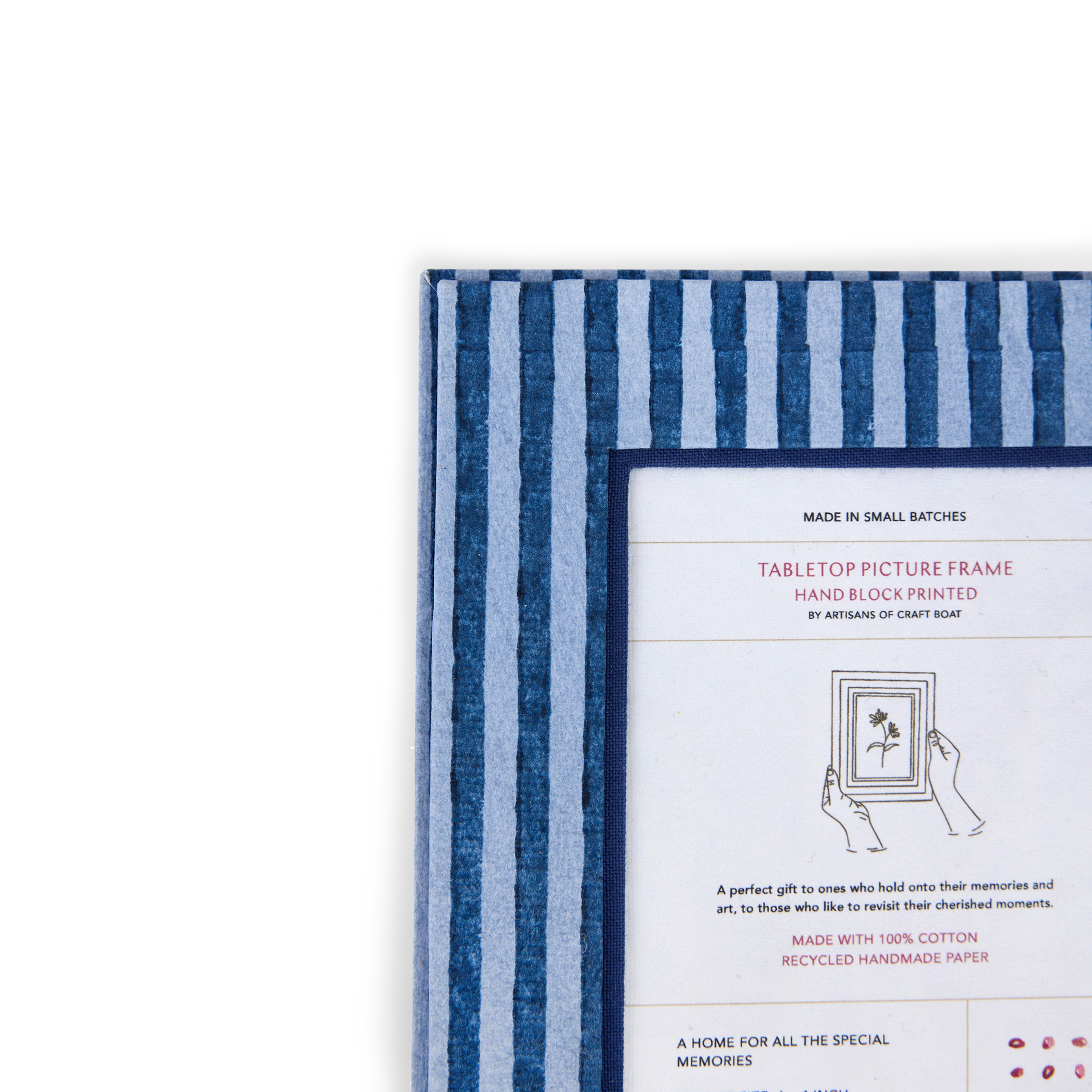 Harbor Blue Classic Stripe – Hand Block Printed Tabletop Picture Frame (7.25" x 5.75", fits 6" x 4" photo)