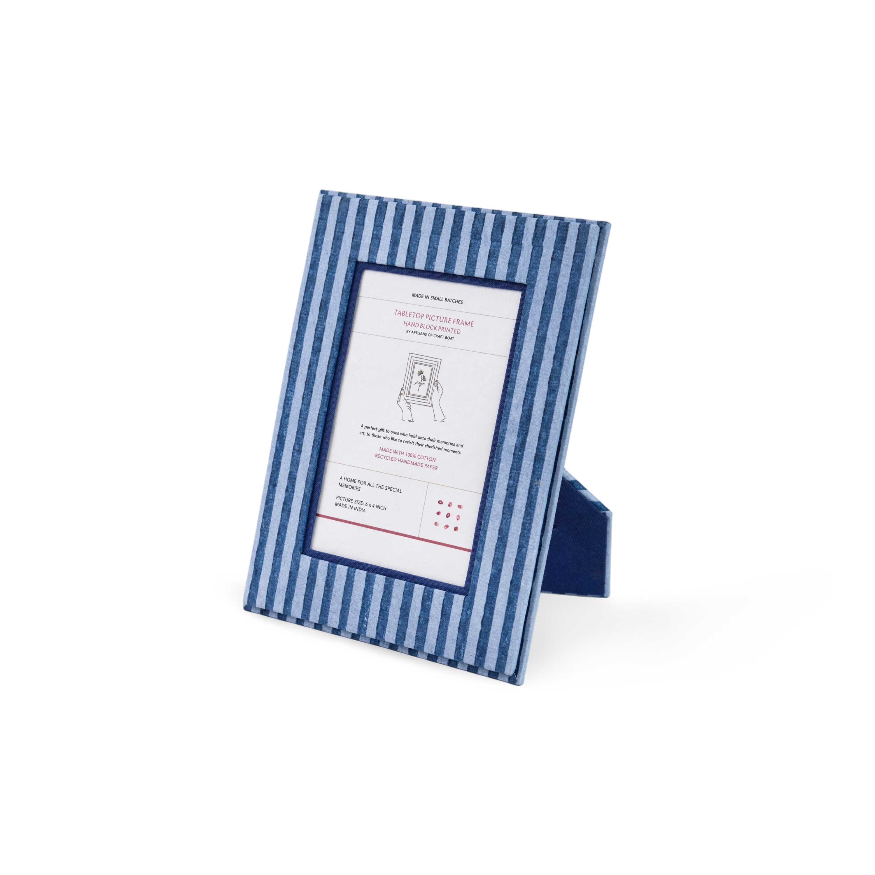 Harbor Blue Classic Stripe – Hand Block Printed Tabletop Picture Frame (7.25" x 5.75", fits 6" x 4" photo)