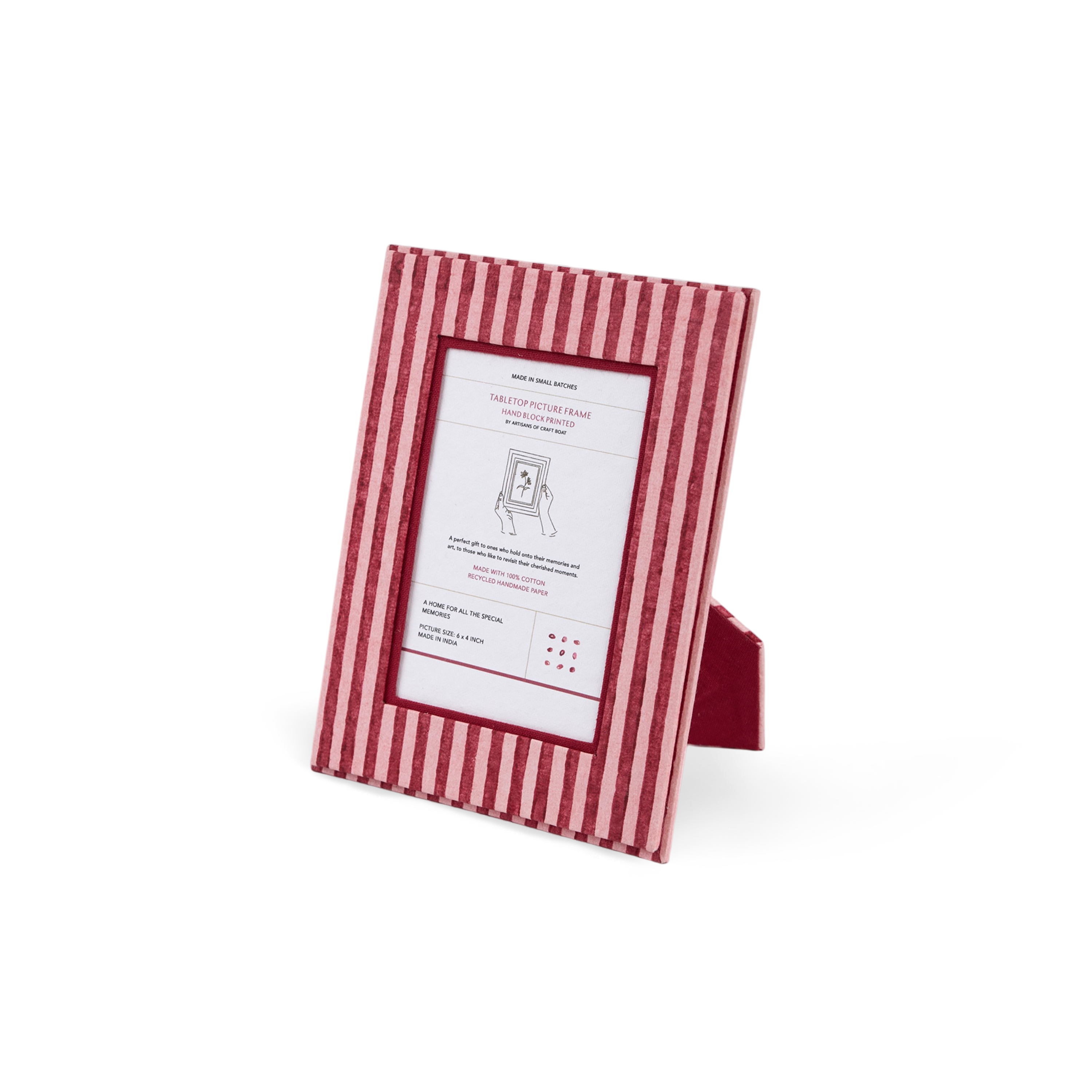 Garnet Red Classic Stripe – Hand Block Printed Tabletop Picture Frame (7.25" x 5.75", fits 6" x 4" photo)
