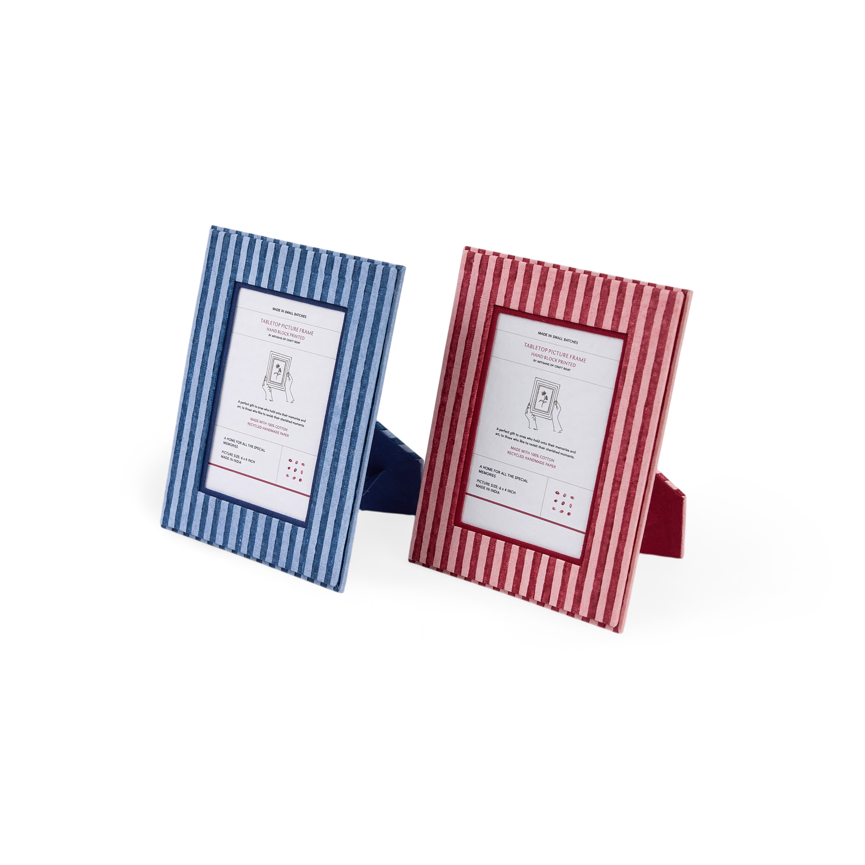 Garnet Red Classic Stripe – Hand Block Printed Tabletop Picture Frame (7.25" x 5.75", fits 6" x 4" photo)