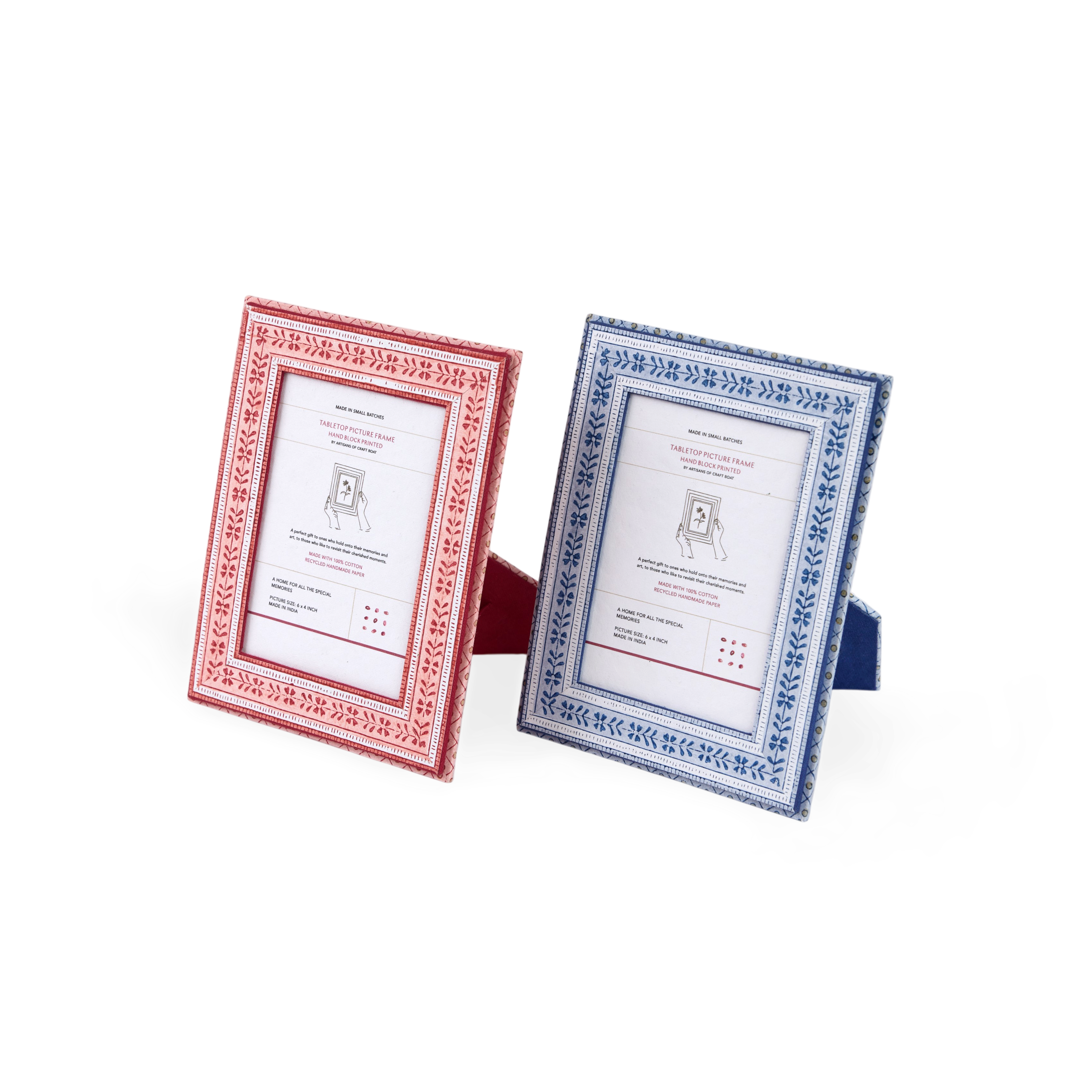 Garnet Red Floral Stripe – Hand Block Printed Tabletop Picture Frame (7.25" x 5.75", fits 6" x 4" photo)