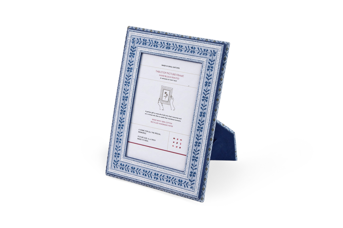 Harbor Blue Floral Stripe – Hand Block Printed Tabletop Picture Frame (7.25" x 5.75", fits 6" x 4" photo)
