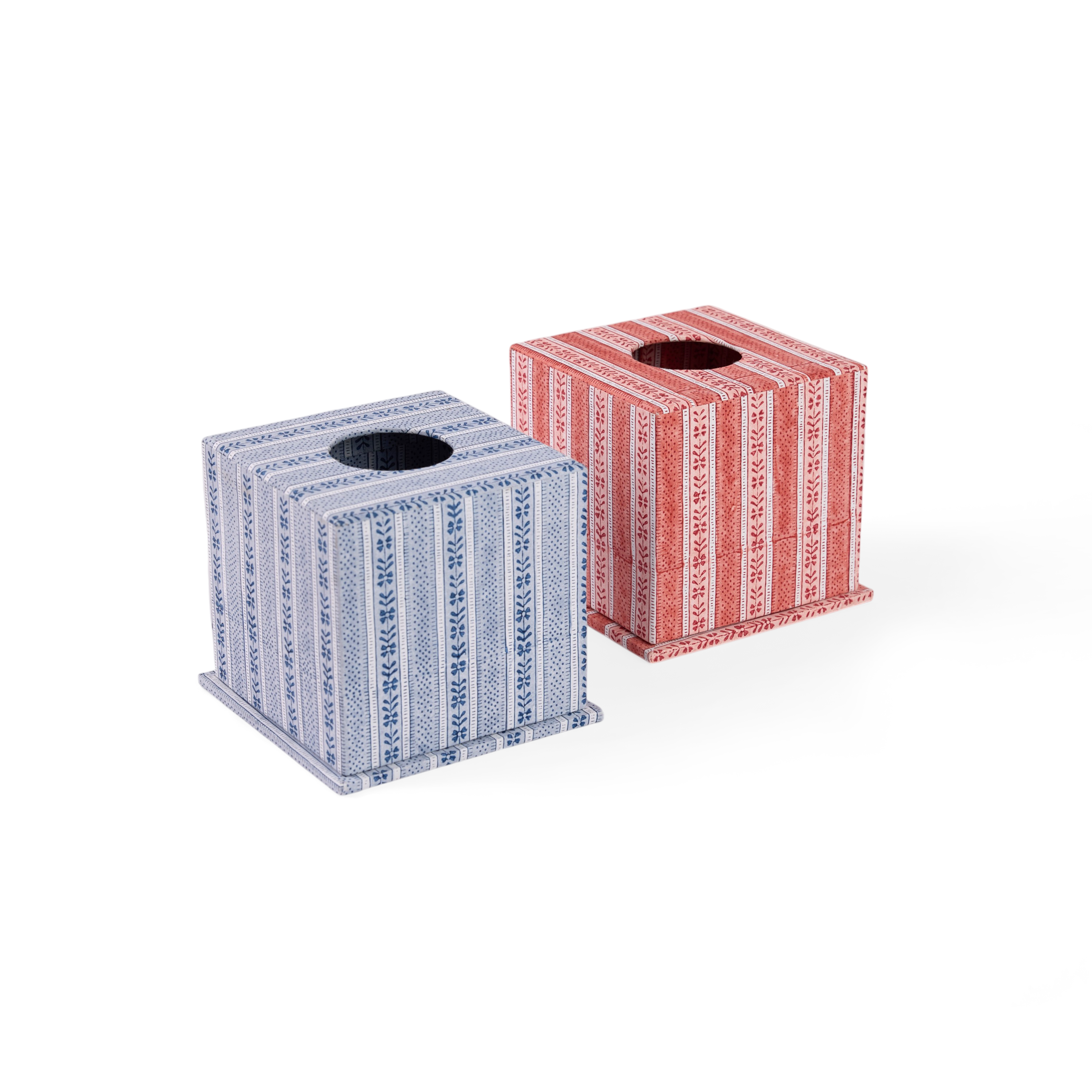 Harbor Blue Floral Stripe – Hand Block Printed Tissue Box (5.25” H × 5” W × 5” D | 100% Recycled Cotton Paper)