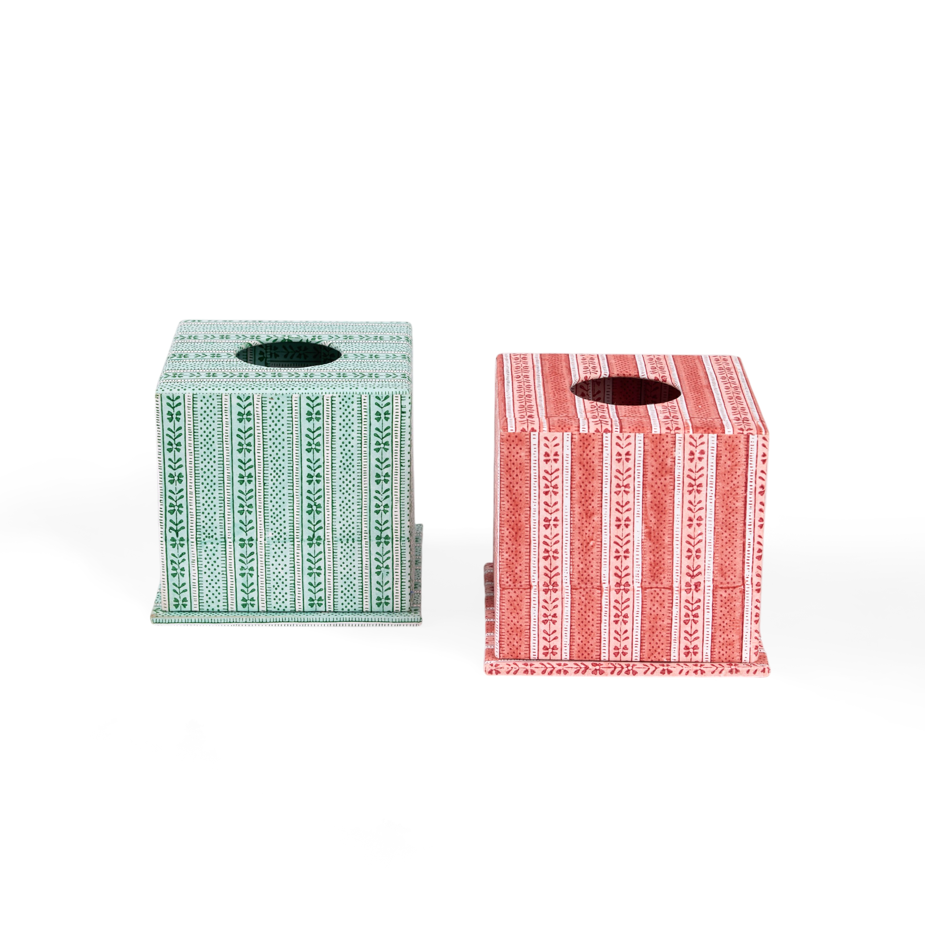 Celadon Green Floral Stripe – Hand Block Printed Tissue Box (5.25” H × 5” W × 5” D | 100% Recycled Cotton Paper)