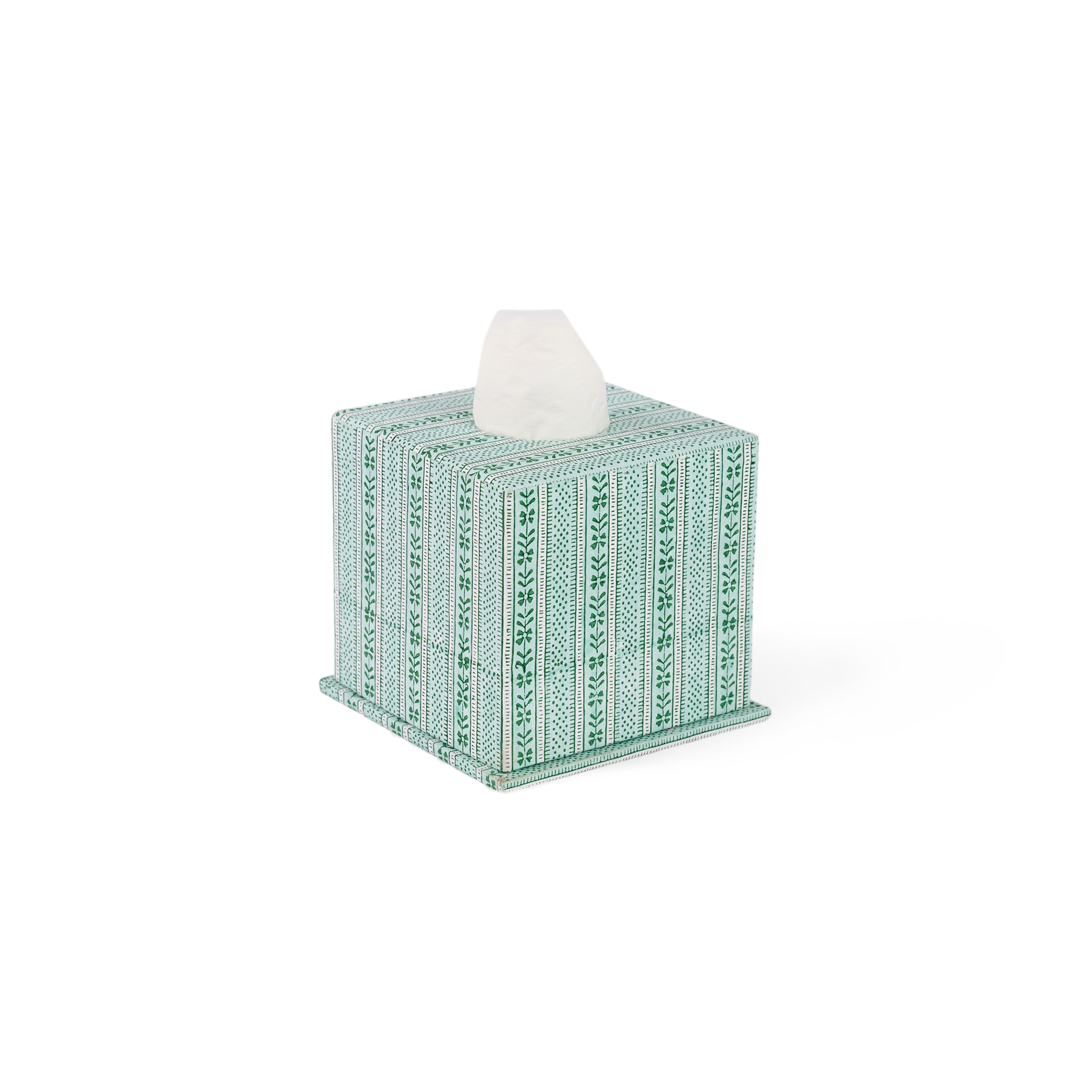 Celadon Green Floral Stripe – Hand Block Printed Tissue Box (5.25” H × 5” W × 5” D | 100% Recycled Cotton Paper)