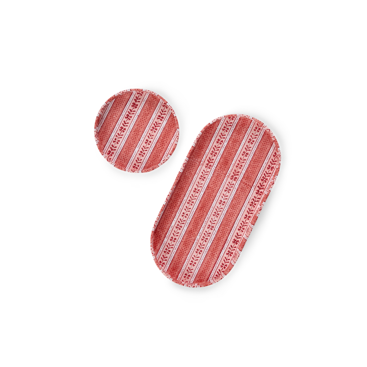 Garnet Red Floral Stripe – Hand Block Printed Tray Set (Set of 2) (Large: 4.5" x 9" x 1") (Small: 4" x 4" x 0.6")