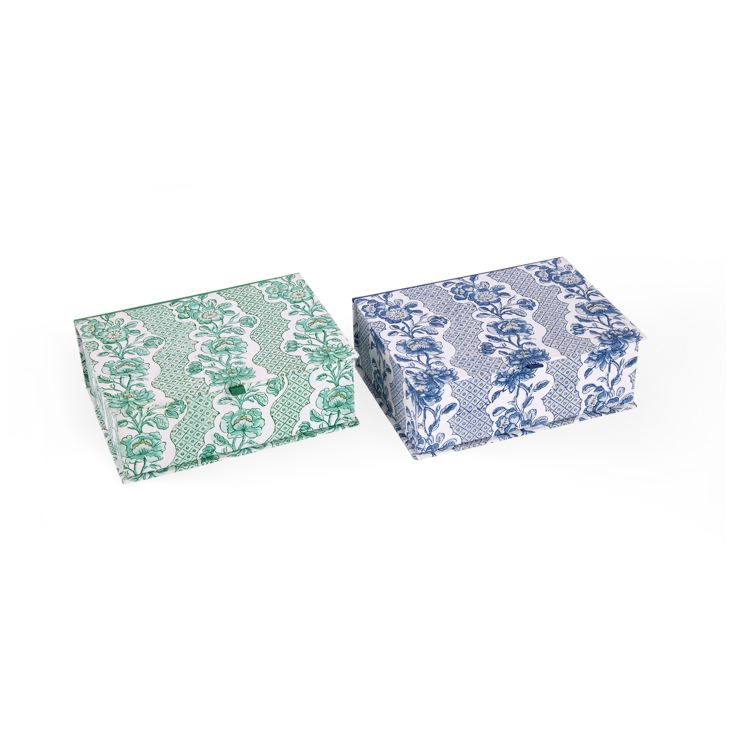 Harbor Blue Blooming Trellis – Hand Block Printed Keepsake Box (9.5" x 7" x 3.5" | 100% Recycled Cotton Paper)