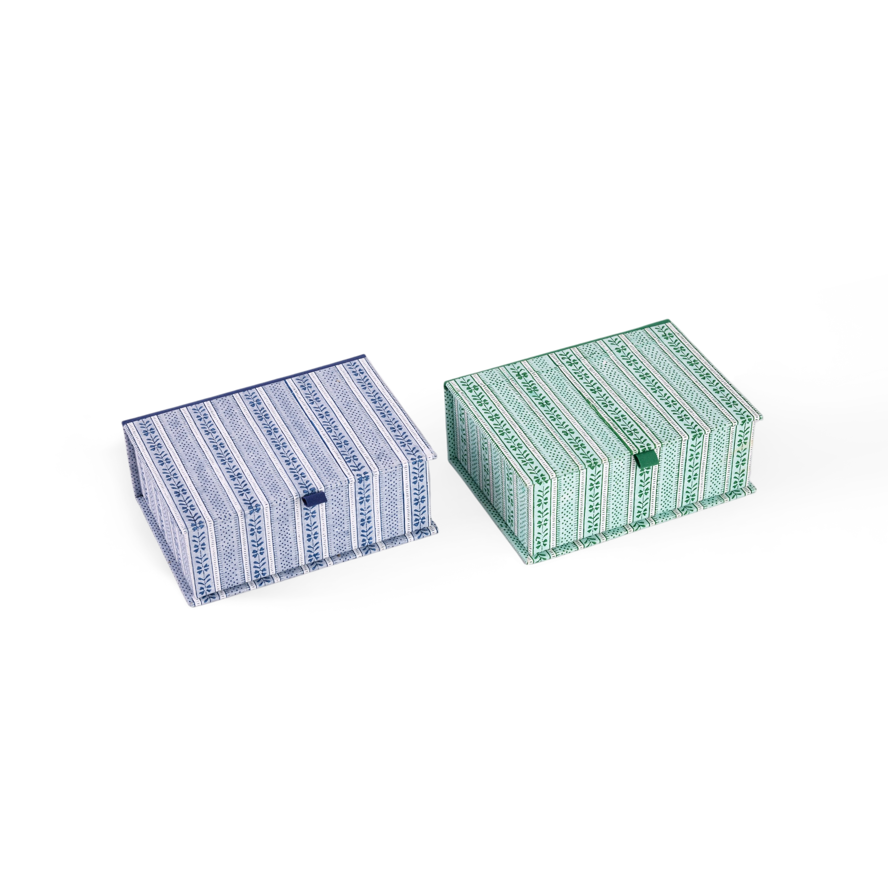 Harbor Blue Floral Stripe – Hand Block Printed Keepsake Box (6.75” x 5” x 2.75” | 100% Recycled Cotton Paper)