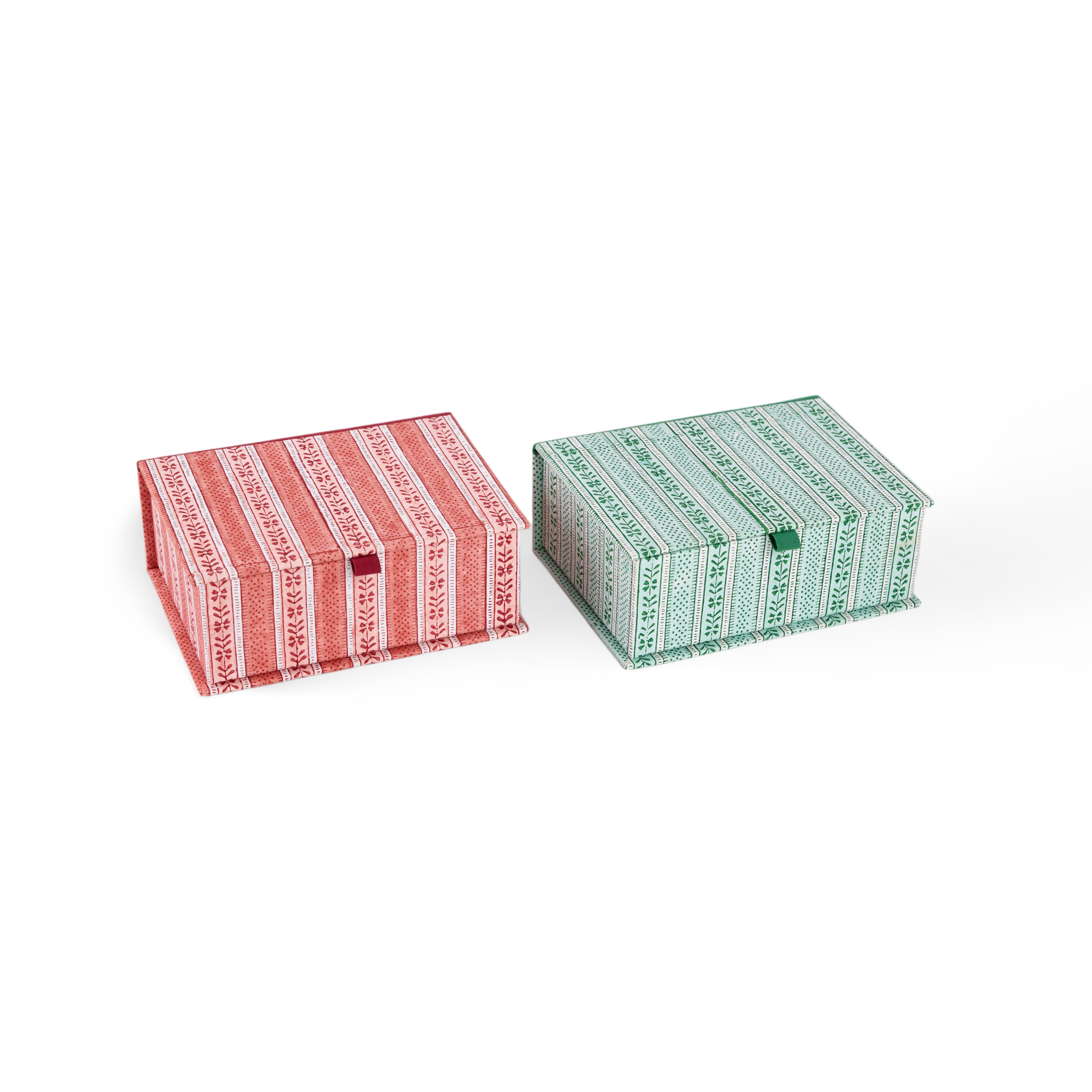 Garnet Red Floral Stripe – Hand Block Printed Keepsake Box (6.75” x 5” x 2.75” | 100% Recycled Cotton Paper)