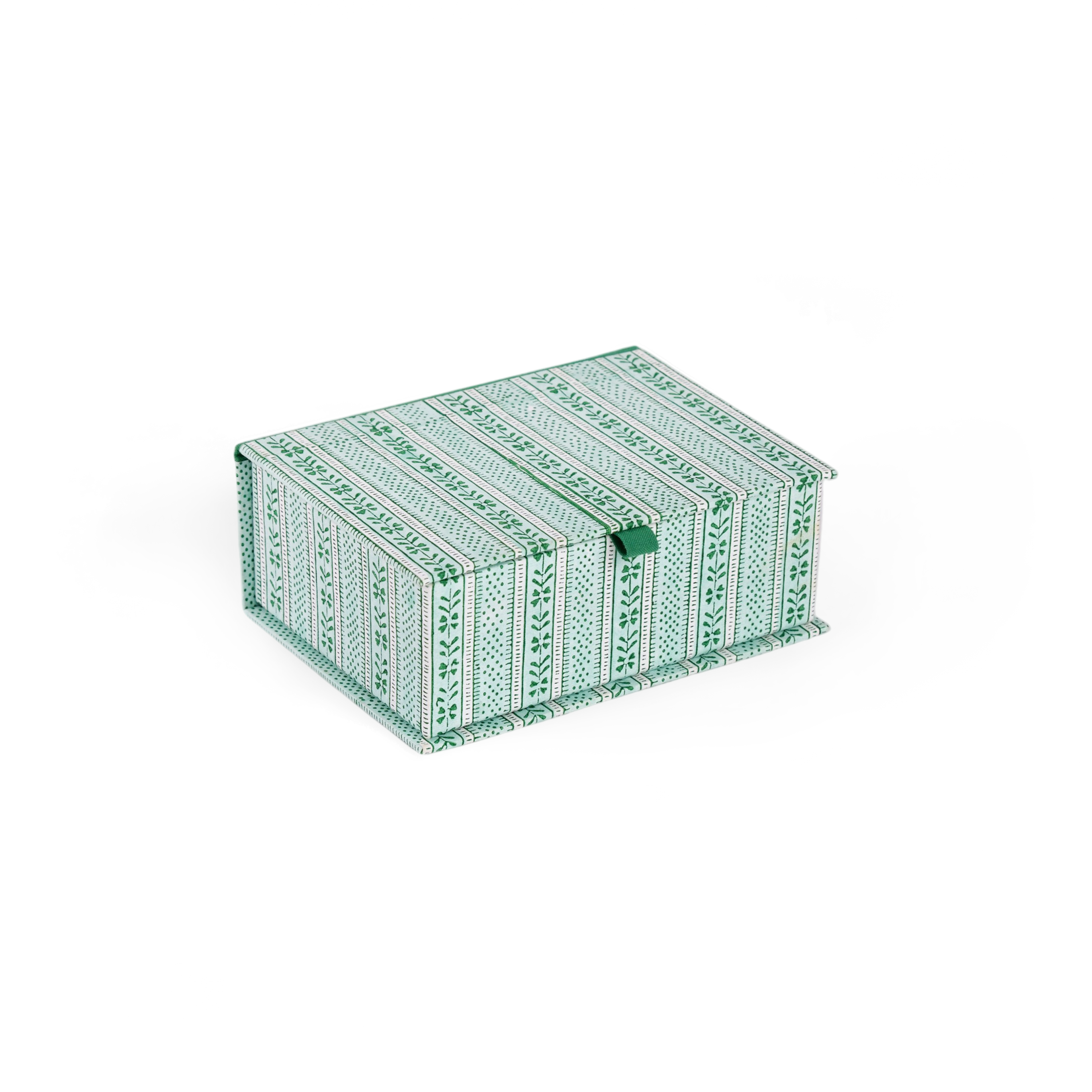 Celadon Green Floral Stripe – Hand Block Printed Keepsake Box (6.75” x 5” x 2.75” | 100% Recycled Cotton Paper)