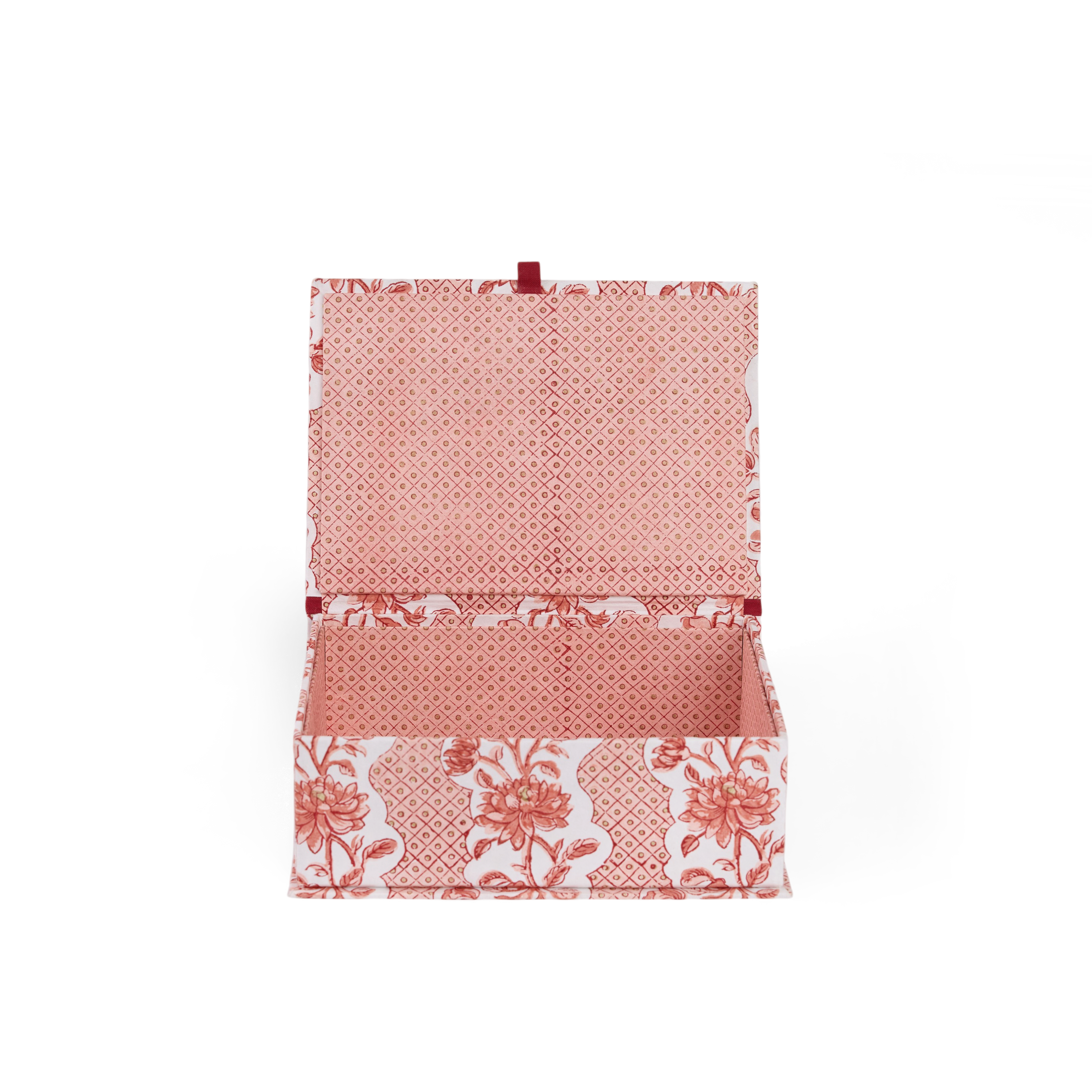 Garnet Red Blooming Trellis – Hand Block Printed Keepsake Box (9.5" x 7" x 3.5" | 100% Recycled Cotton Paper)