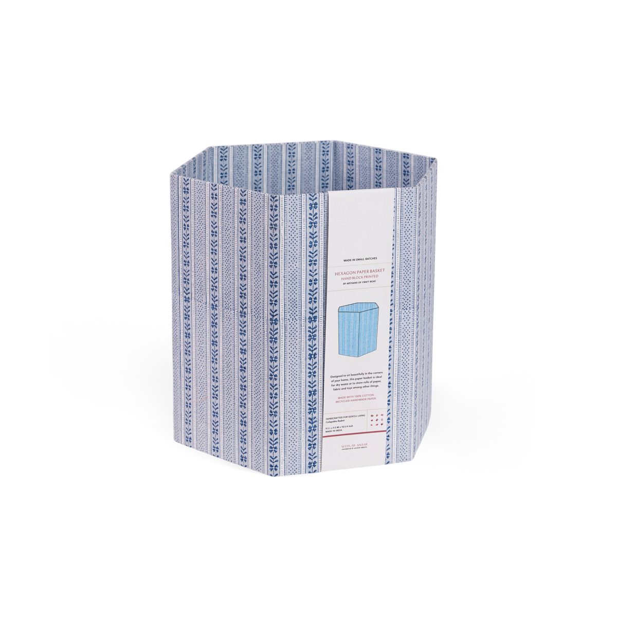 Harbor Blue Floral Stripe – Hand Block Printed Collapsible Basket (9.5" x 9.5" x 10.5")