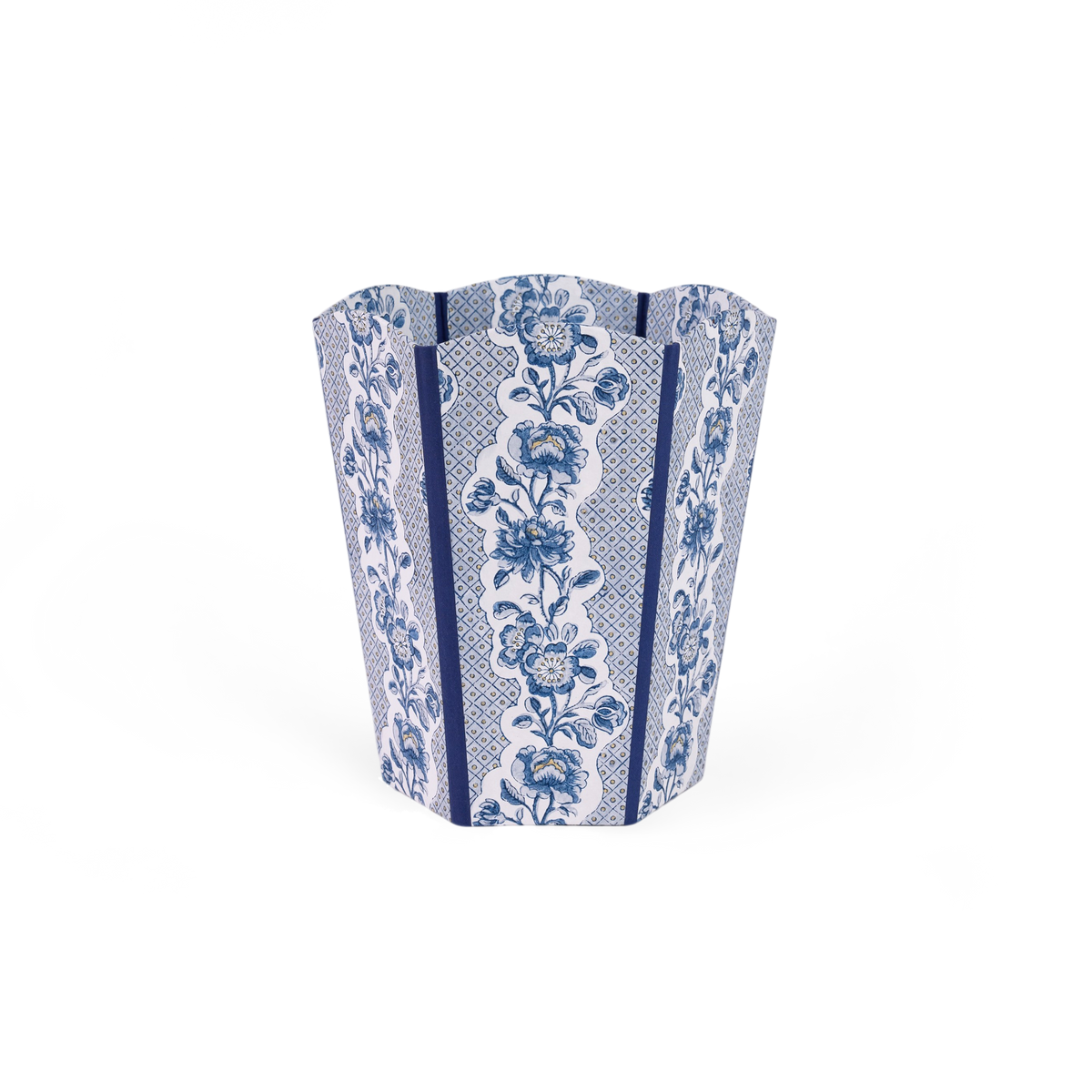 Harbor Blue Blooming Trellis – Hand Block Printed Scalloped Basket (9.5" W x 9.5" D x 12" H)