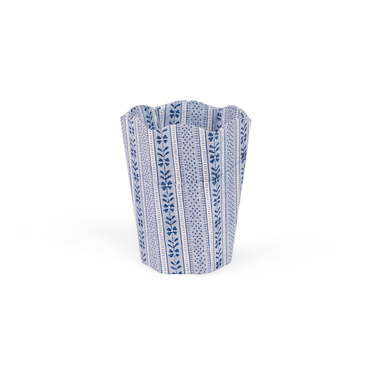 Harbor Blue Floral Stripe – Hand Block Printed Scalloped Pen Pot (3.25" W x 3.25" D x 4.5" H)