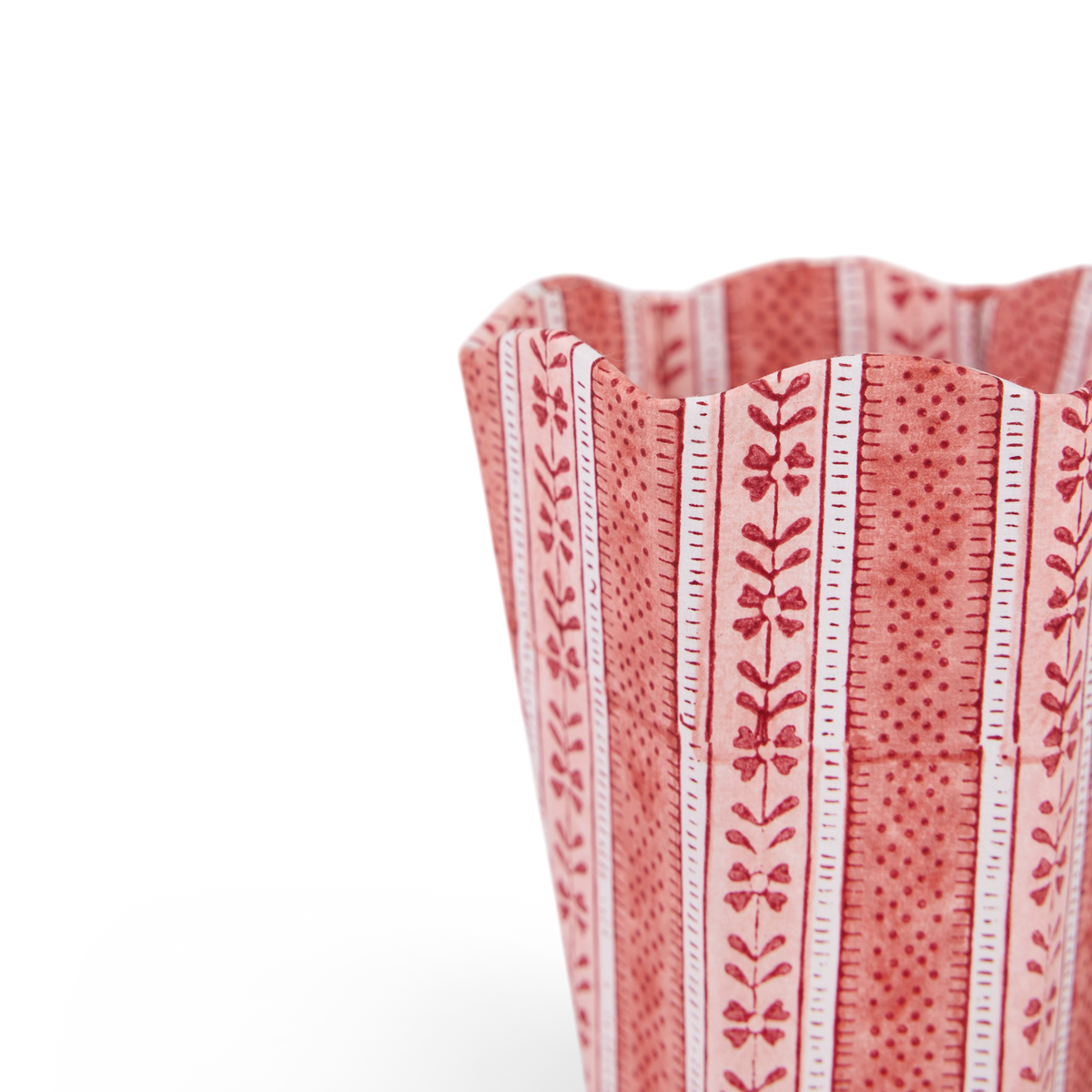 Garnet Red Floral Stripe – Hand Block Printed Scalloped Pen Pot (3.25" W x 3.25" D x 4.5" H )