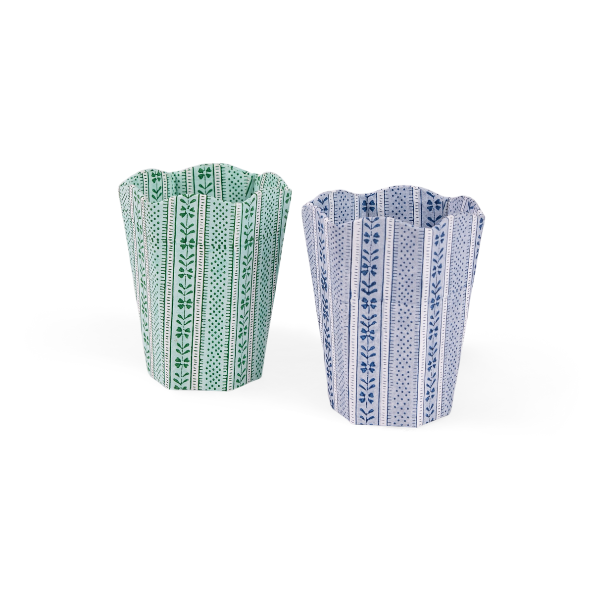 Celadon Green Floral Stripe – Hand Block Printed Scalloped Pen Pot (3.25" W x 3.25" D x 4.5" H)