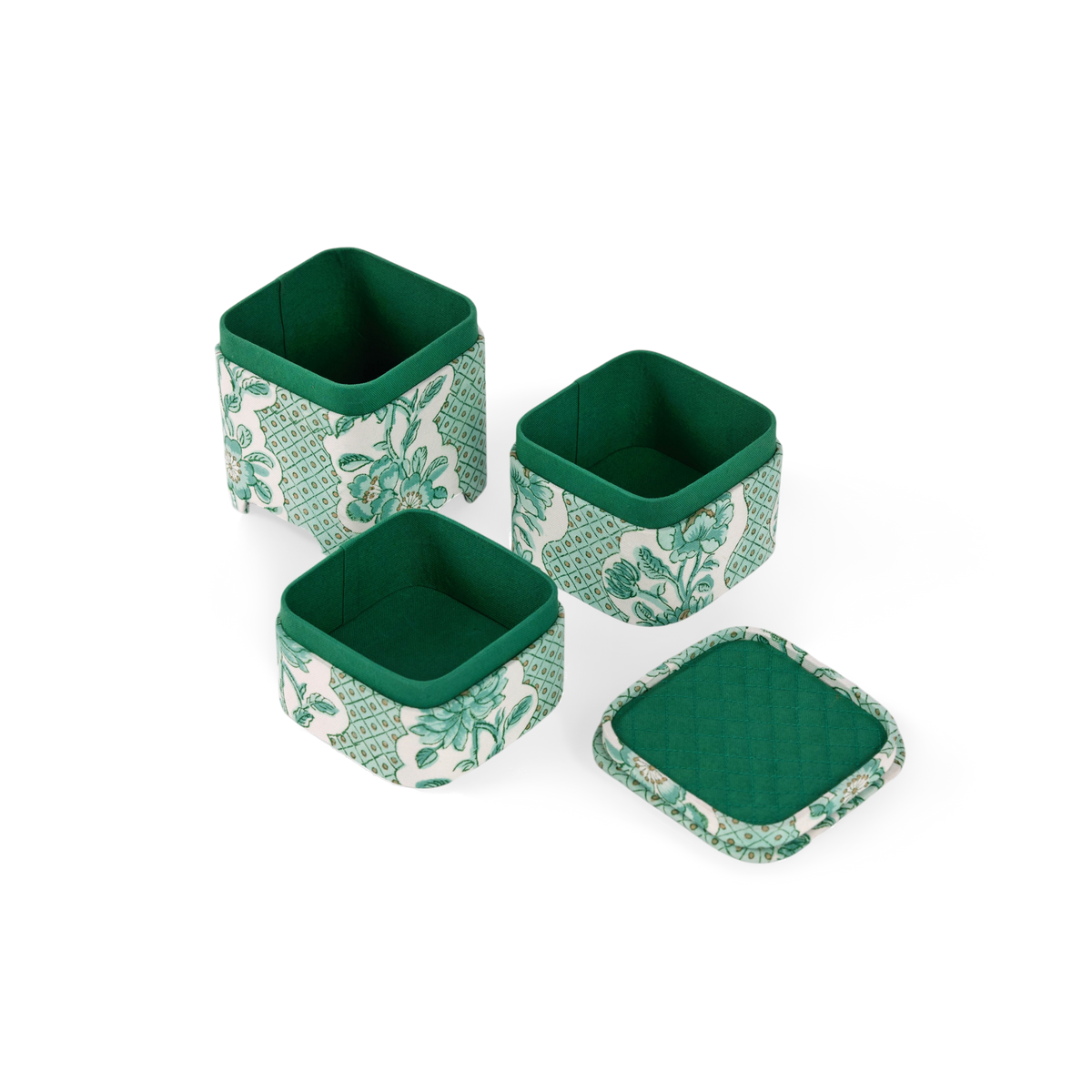 Celadon Green Blooming Trellis – Hand Block Printed Organizer Set (4" × 4" × 8" | Set of 3)