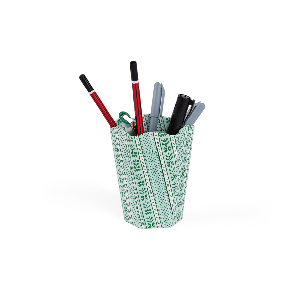 Celadon Green Floral Stripe – Hand Block Printed Scalloped Pen Pot (3.25" W x 3.25" D x 4.5" H)