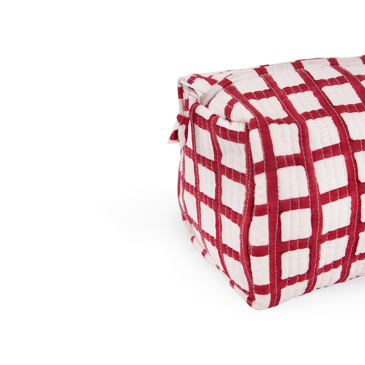 Garnet Red Graph Checks – Hand Block Printed Quilted Beauty Bag (Medium – 8.5" x 4" x 3.5")