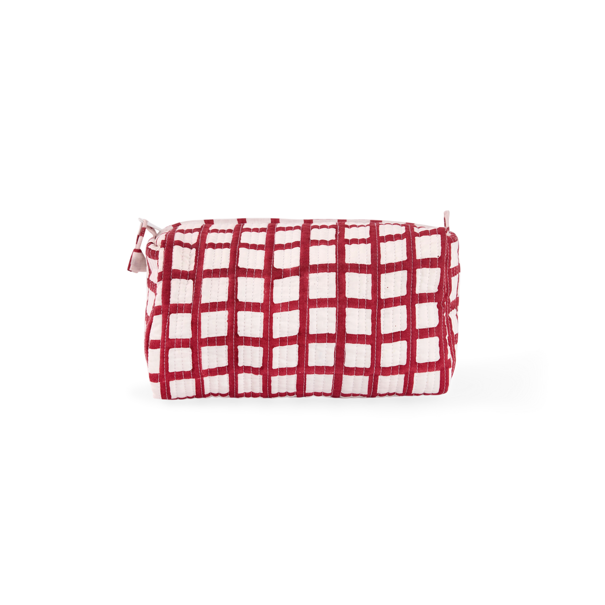 Garnet Red Graph Checks – Hand Block Printed Quilted Beauty Bag (Medium – 8.5" x 4" x 3.5")