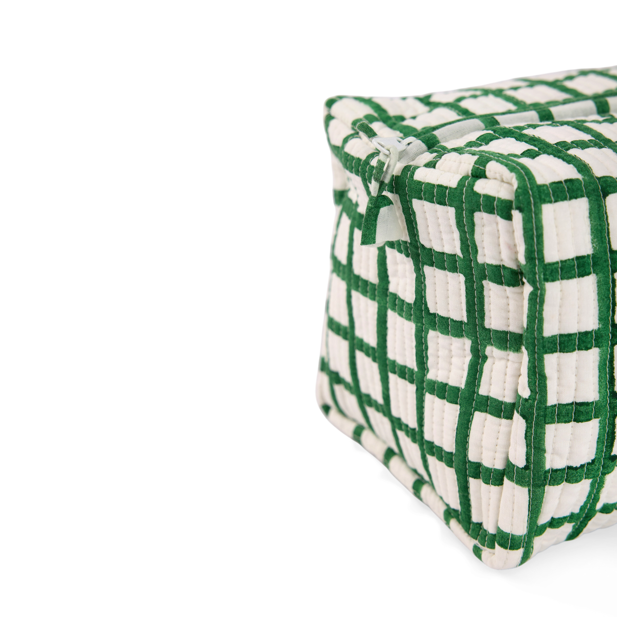 Celadon Green Graph Checks – Hand Block Printed Quilted Beauty Bag (Large – 9.5" x 5" x 4")