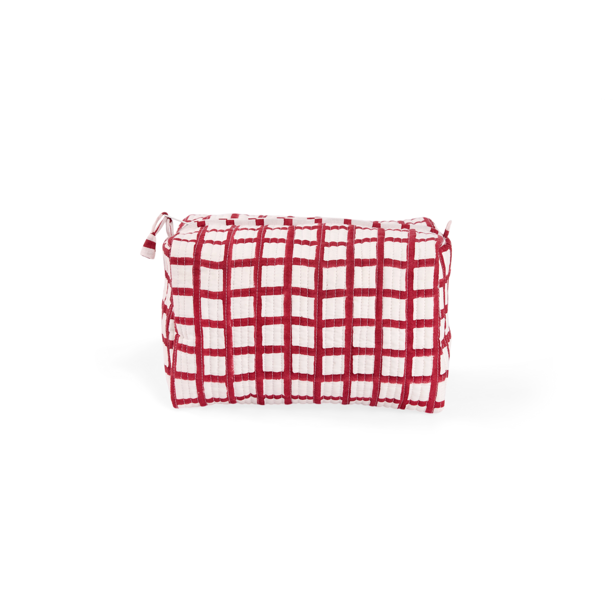 Garnet Red Graph Checks – Hand Block Printed Quilted Beauty Bag (Large – 9.5" x 5" x 4")
