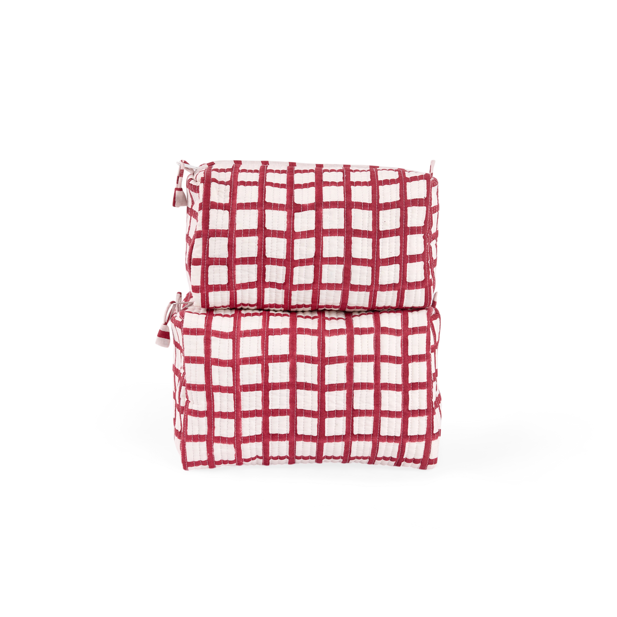 Garnet Red Graph Checks – Hand Block Printed Quilted Beauty Bag (Large – 9.5" x 5" x 4")