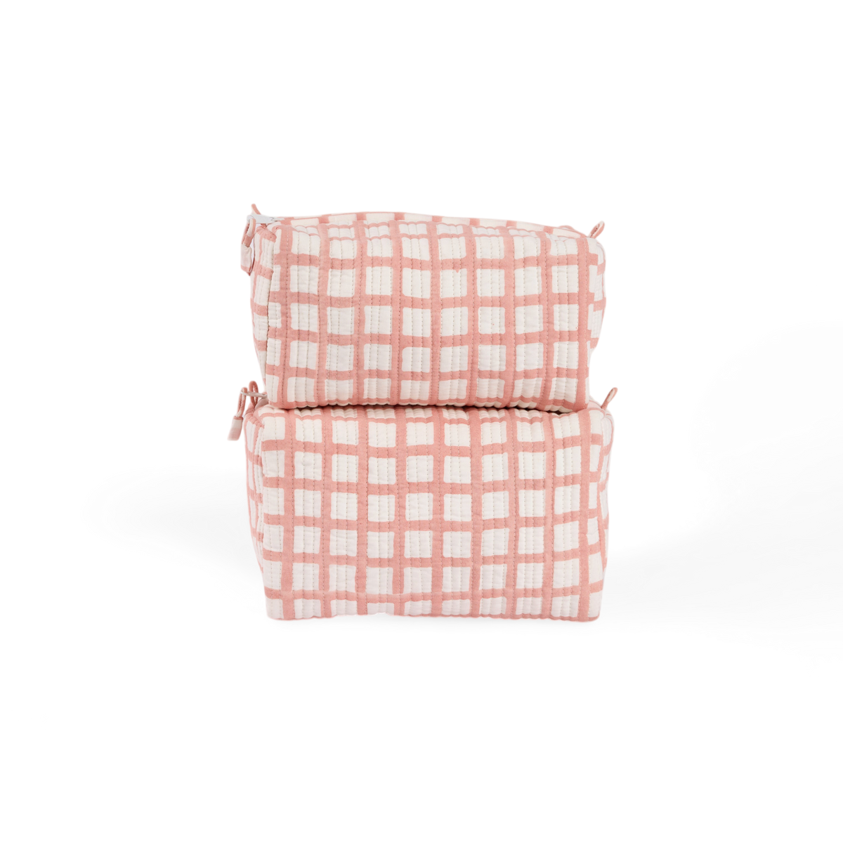 Pink Graph Checks – Hand Block Printed Quilted Beauty Bag (Medium – 8.5" x 4" x 3.5")