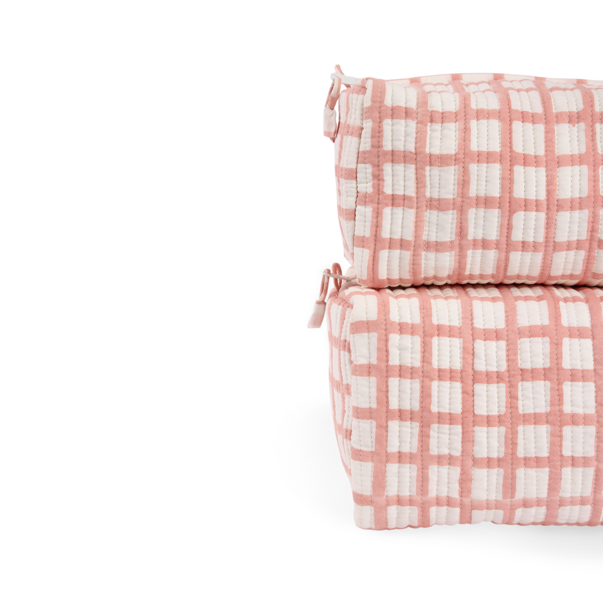 Pink Graph Checks – Hand Block Printed Quilted Beauty Bag (Large – 9.5" x 5" x 4")