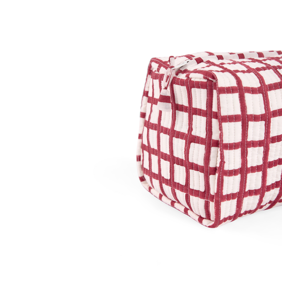 Garnet Red Graph Checks – Hand Block Printed Quilted Beauty Bag (Large – 9.5" x 5" x 4")