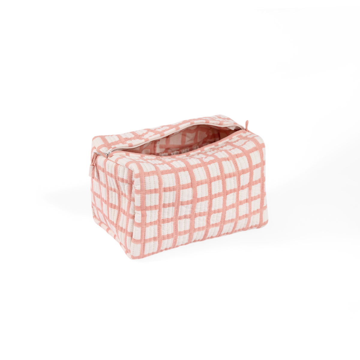 Pink Graph Checks – Hand Block Printed Quilted Beauty Bag (Large – 9.5" x 5" x 4")
