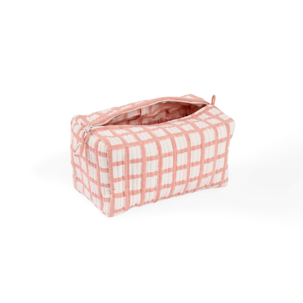 Pink Graph Checks – Hand Block Printed Quilted Beauty Bag (Medium – 8.5" x 4" x 3.5")