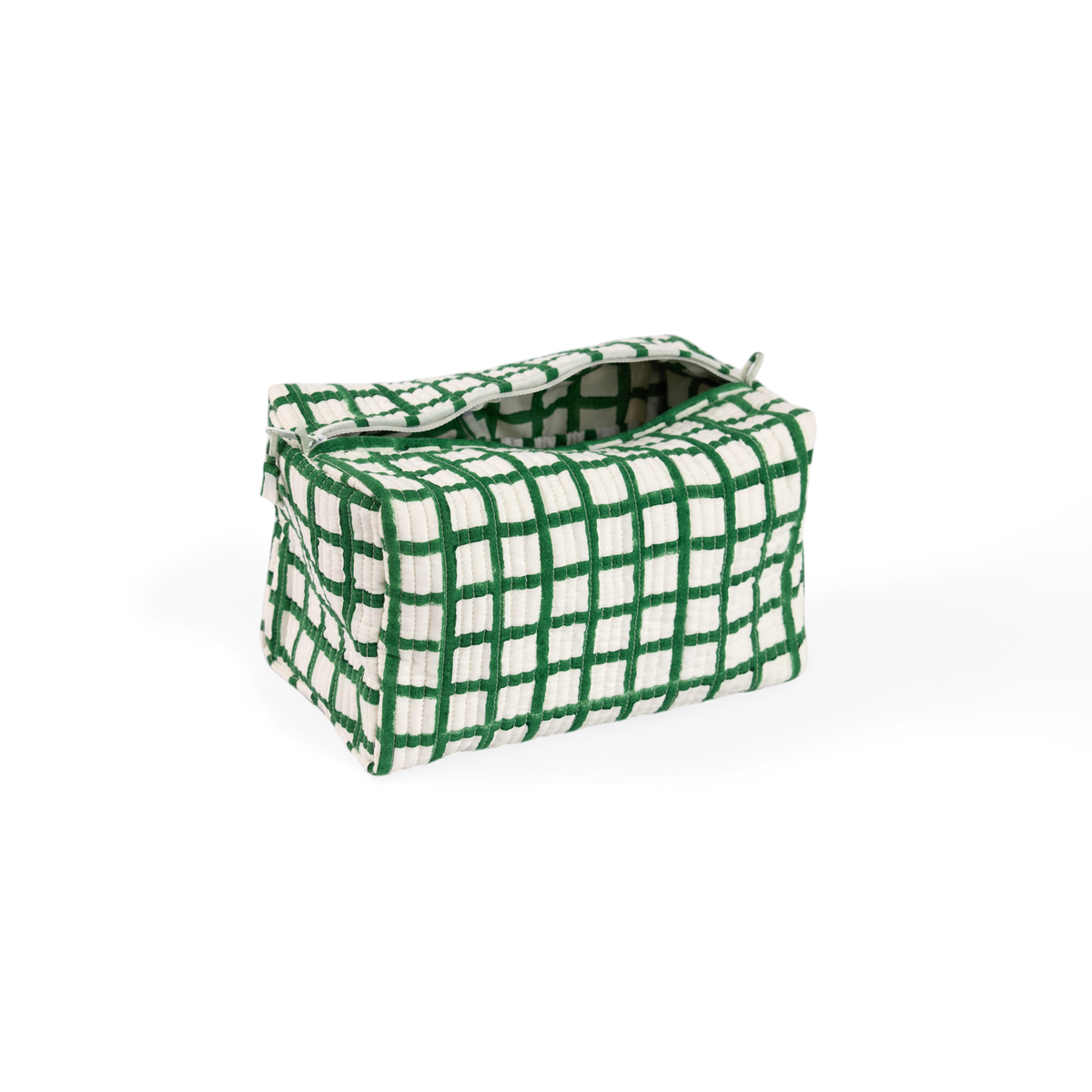 Celadon Green Graph Checks – Hand Block Printed Quilted Beauty Bag (Large – 9.5" x 5" x 4")