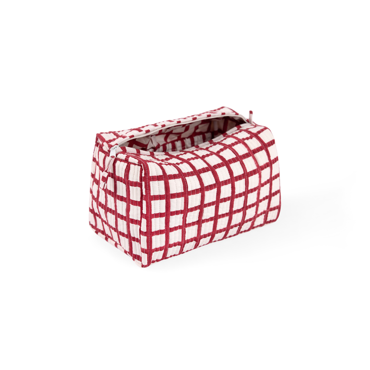 Garnet Red Graph Checks – Hand Block Printed Quilted Beauty Bag (Large – 9.5" x 5" x 4")