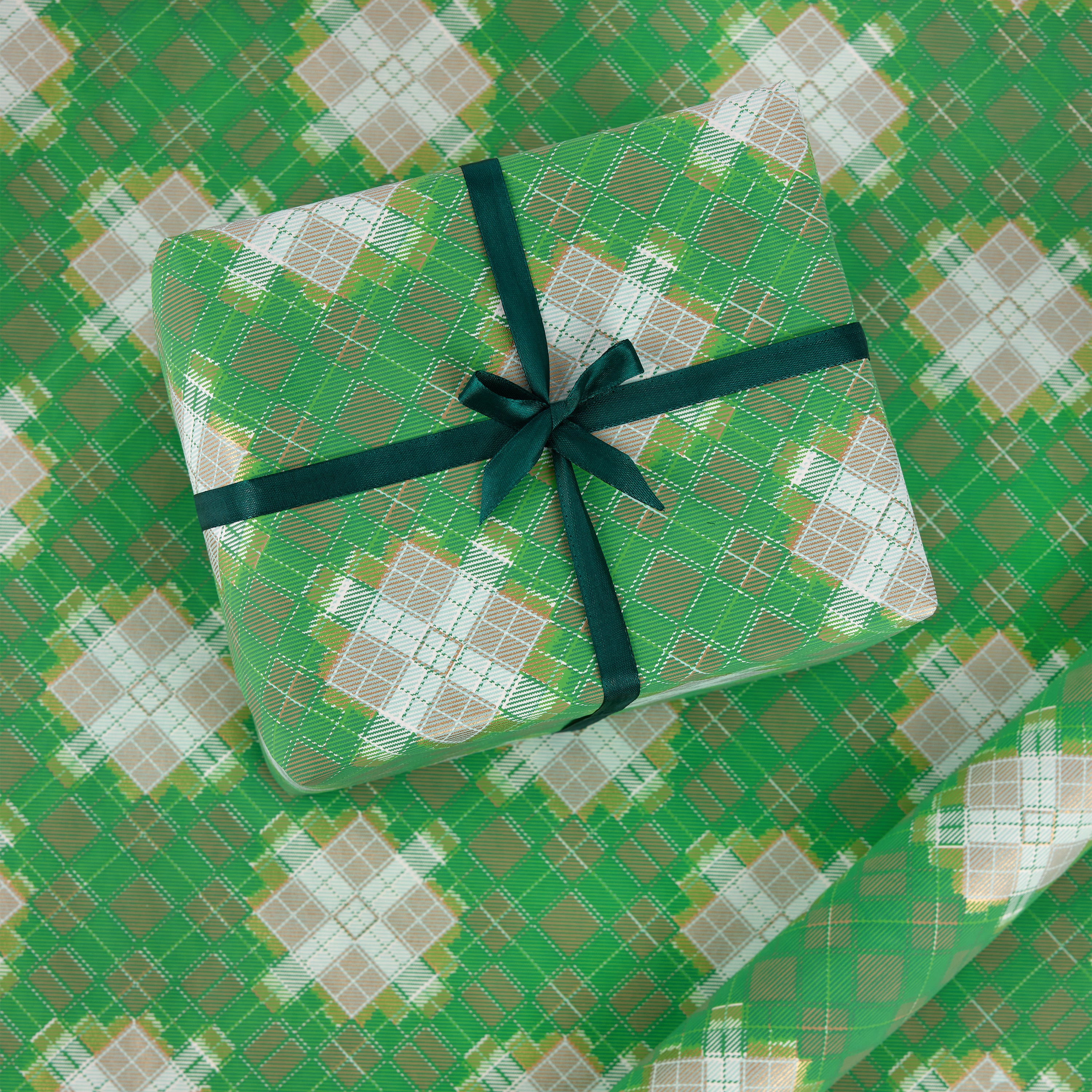 Celadon Green Plaid – Hand Printed Wrapping Paper Sheet ( 21" x 29" | 100% Recycled Cotton Paper)