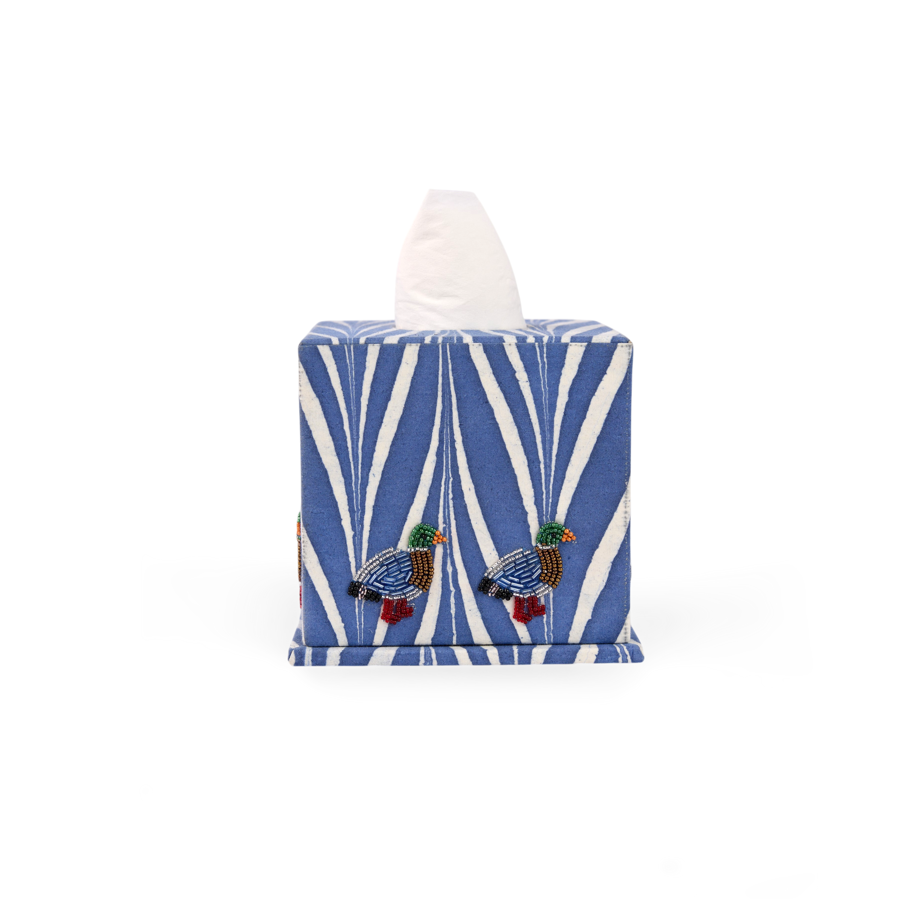 Harbor Blue Banyan – Hand Marbled Embroidered Tissue Box (5.25” H × 5” W × 5” D | 100% Recycled Cotton Fabric)