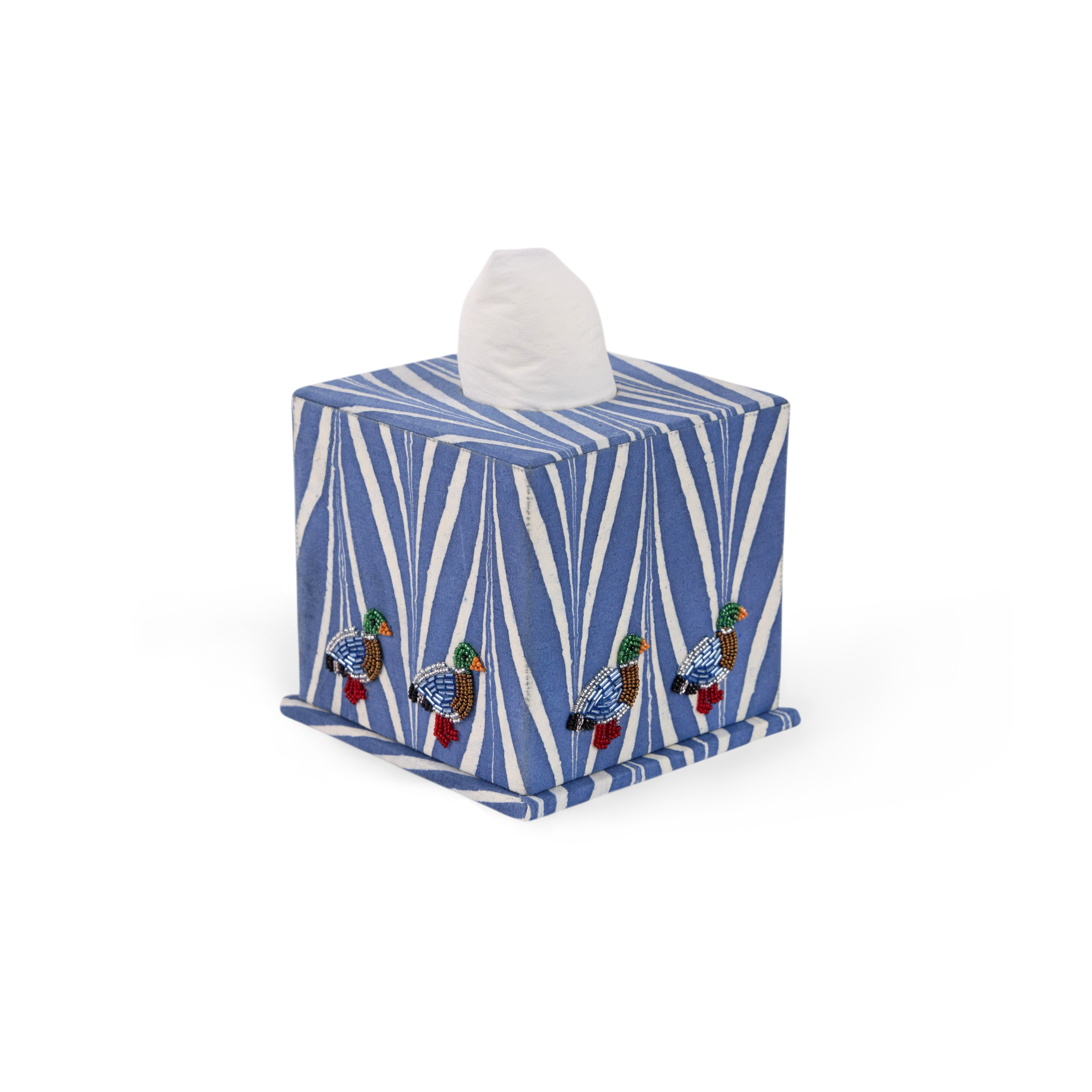 Harbor Blue Banyan – Hand Marbled Embroidered Tissue Box (5.25” H × 5” W × 5” D | 100% Recycled Cotton Fabric)