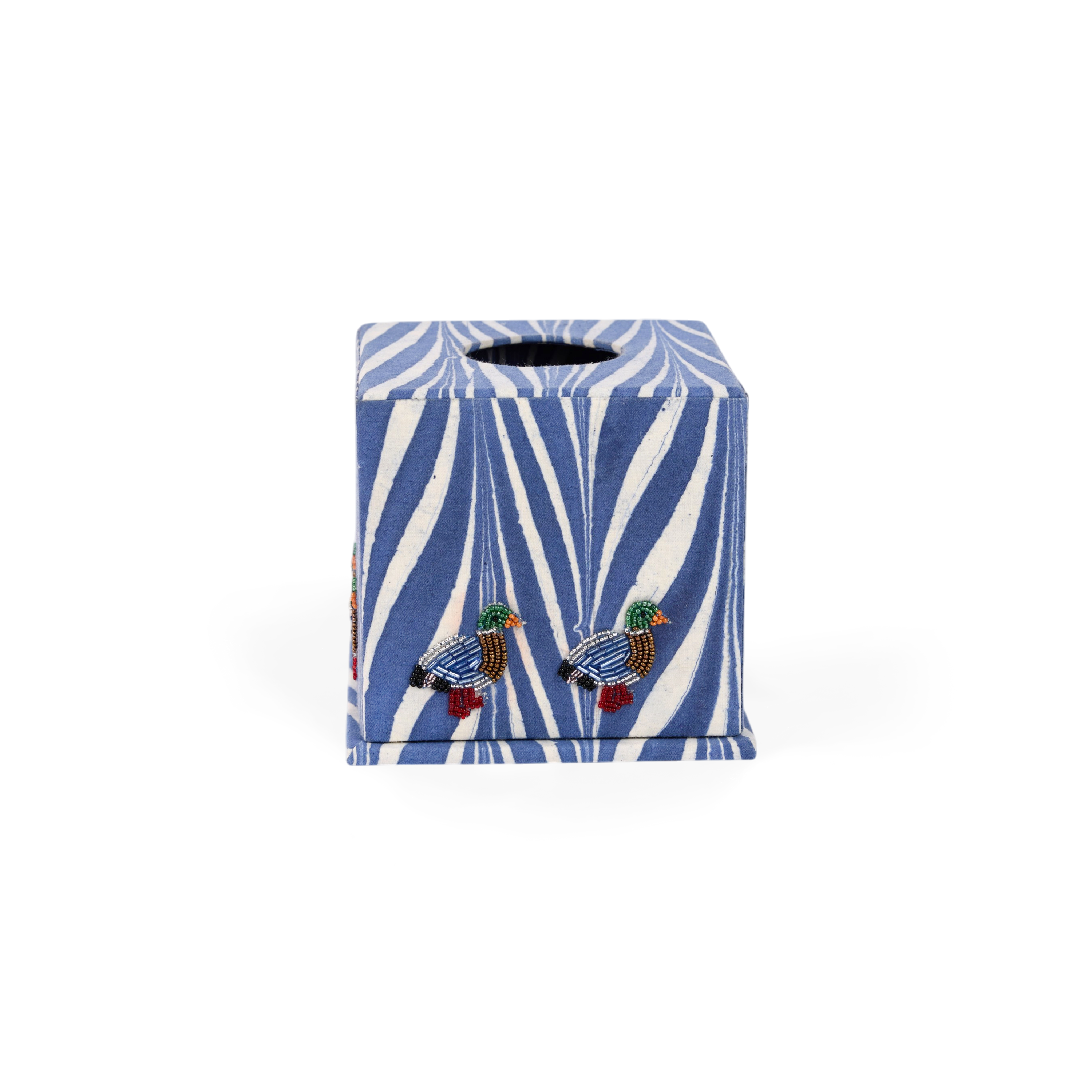 Harbor Blue Banyan – Hand Marbled Embroidered Tissue Box (5.25” H × 5” W × 5” D | 100% Recycled Cotton Fabric)