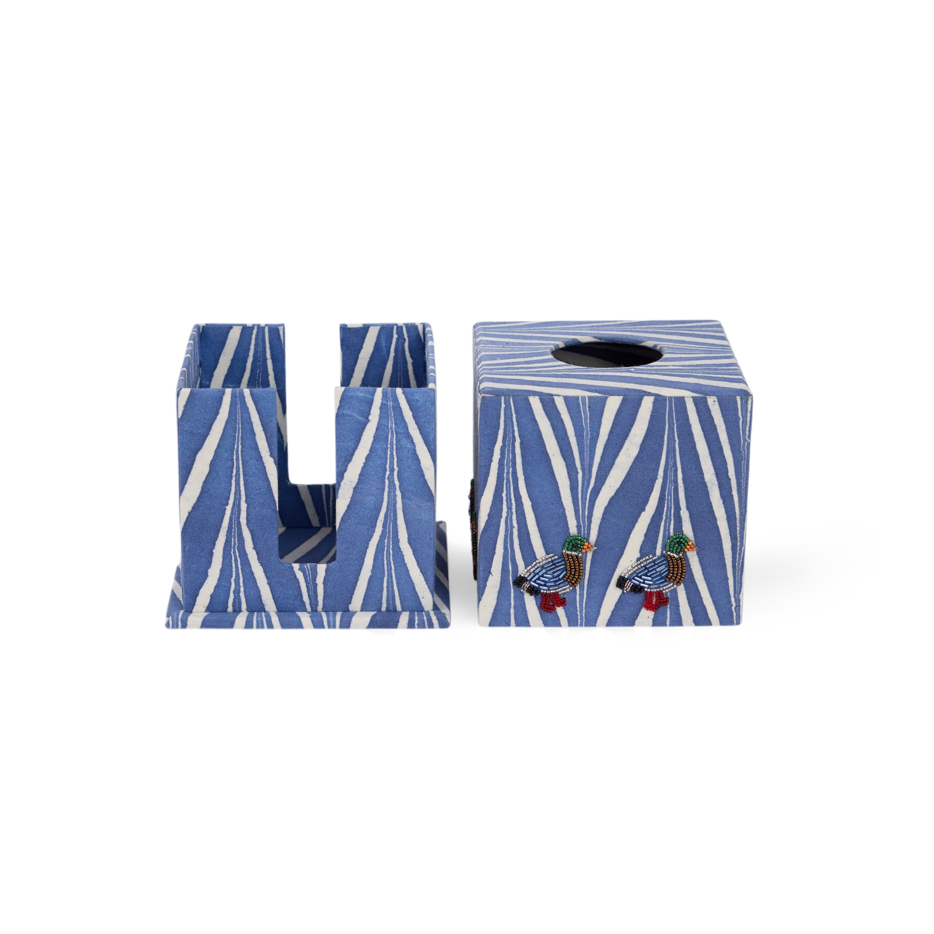 Harbor Blue Banyan – Hand Marbled Embroidered Tissue Box (5.25” H × 5” W × 5” D | 100% Recycled Cotton Fabric)