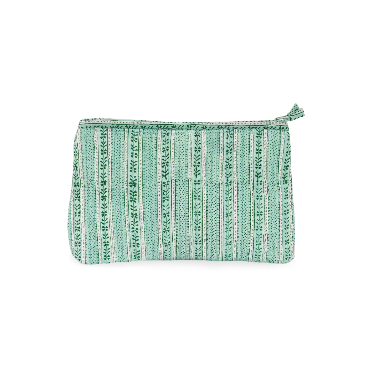 Celadon Green Floral Stripe – Hand Block Printed Quilted Cotton Pouch (Large – 9.5" x 6.5" x 3")