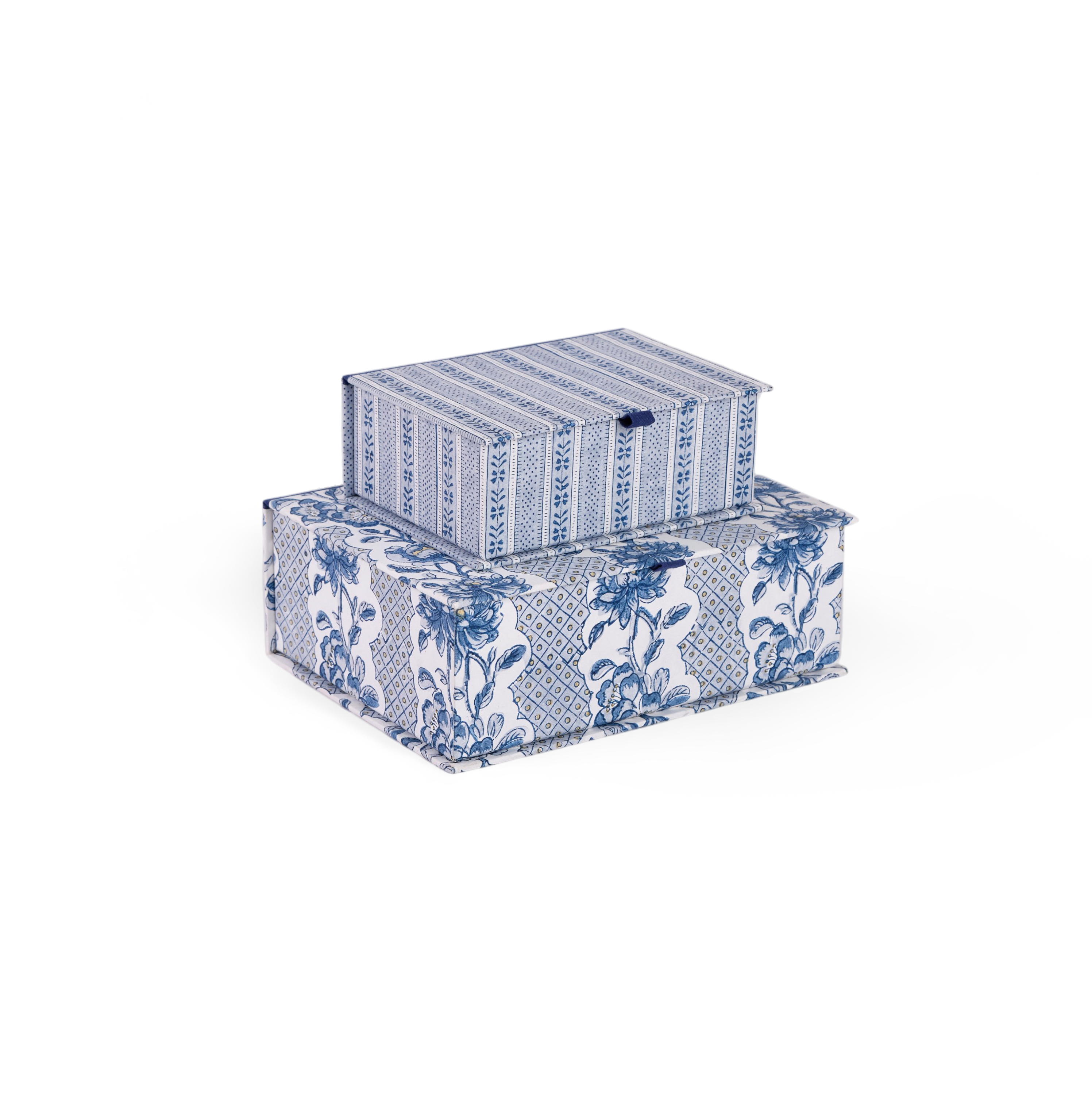 Harbor Blue Floral Stripe – Hand Block Printed Keepsake Box (6.75” x 5” x 2.75” | 100% Recycled Cotton Paper)