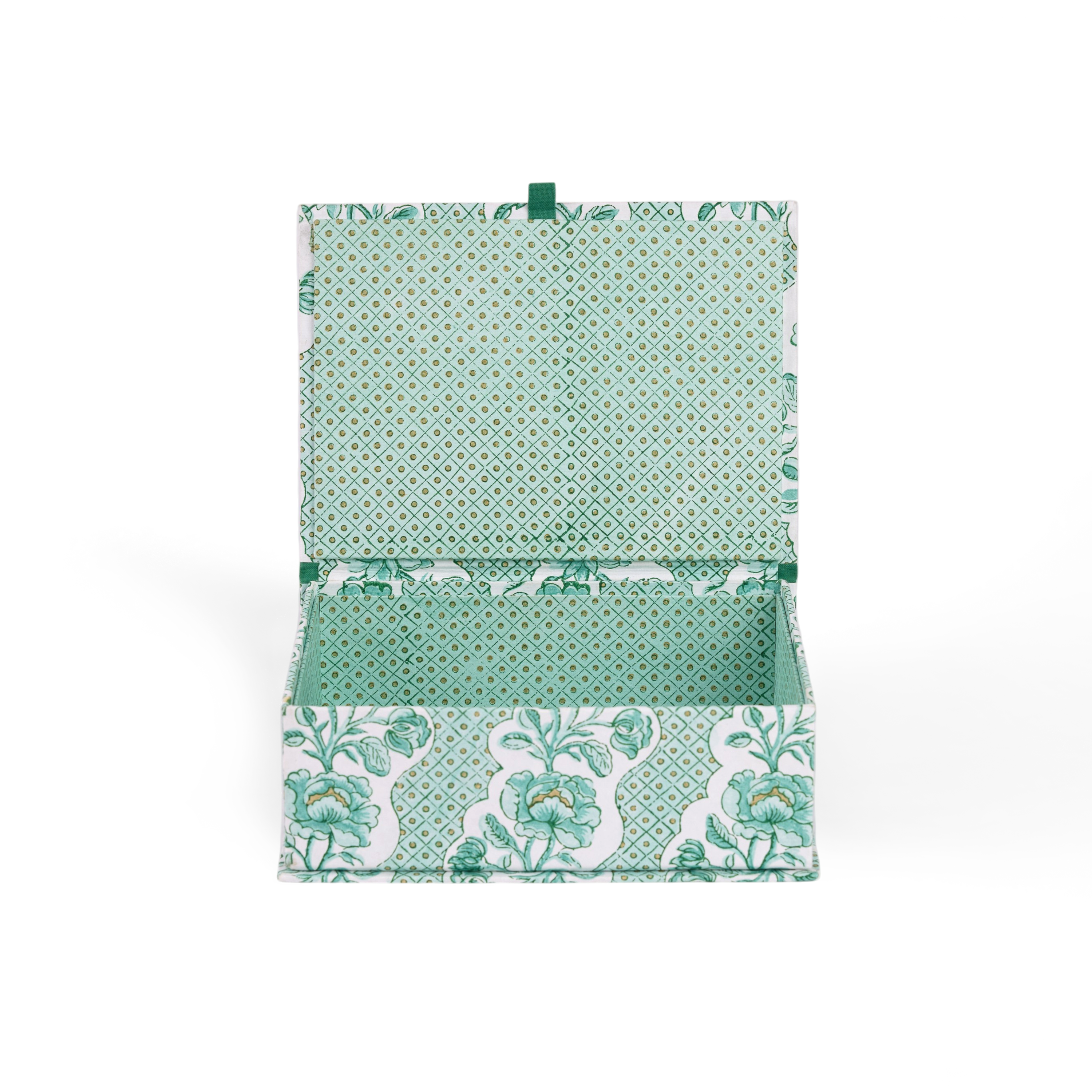 Celadon Green Blooming Trellis – Hand Block Printed Keepsake Box (9.5" x 7" x 3.5" | 100% Recycled Cotton Paper)