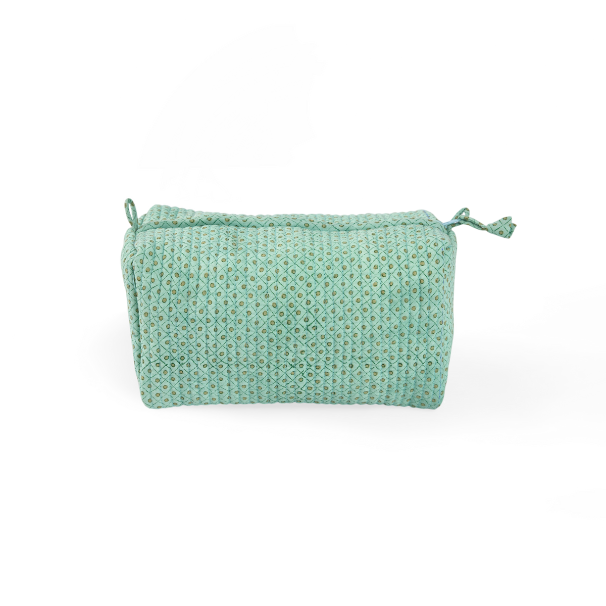 Celadon Green Dot & Grid – Hand Block Printed Quilted Beauty Bag (Medium – 8.5" x 4" x 3.5")