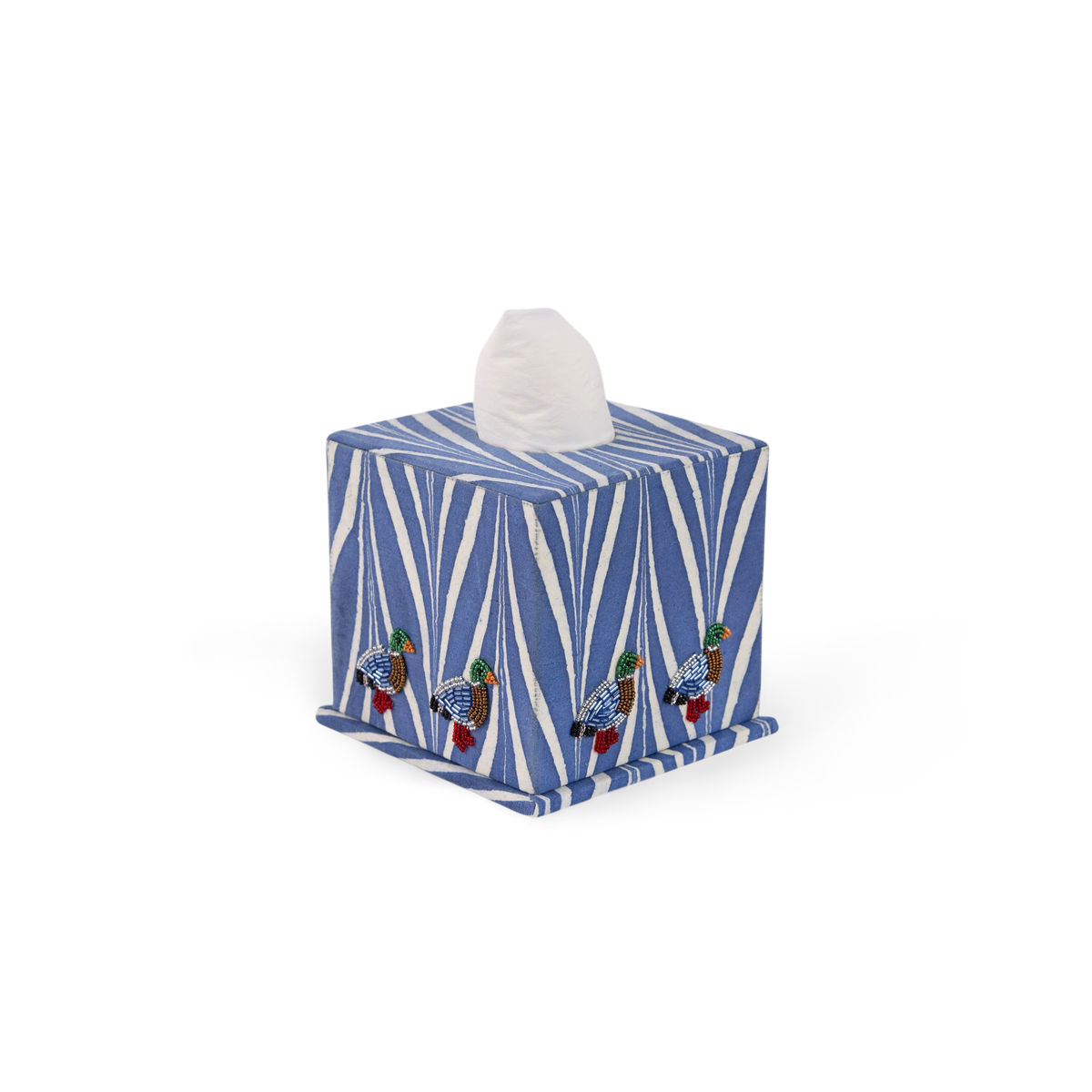 Harbor Blue Banyan – Hand Marbled Embroidered Tissue Box (5.25” H × 5” W × 5” D | 100% Recycled Cotton Fabric)