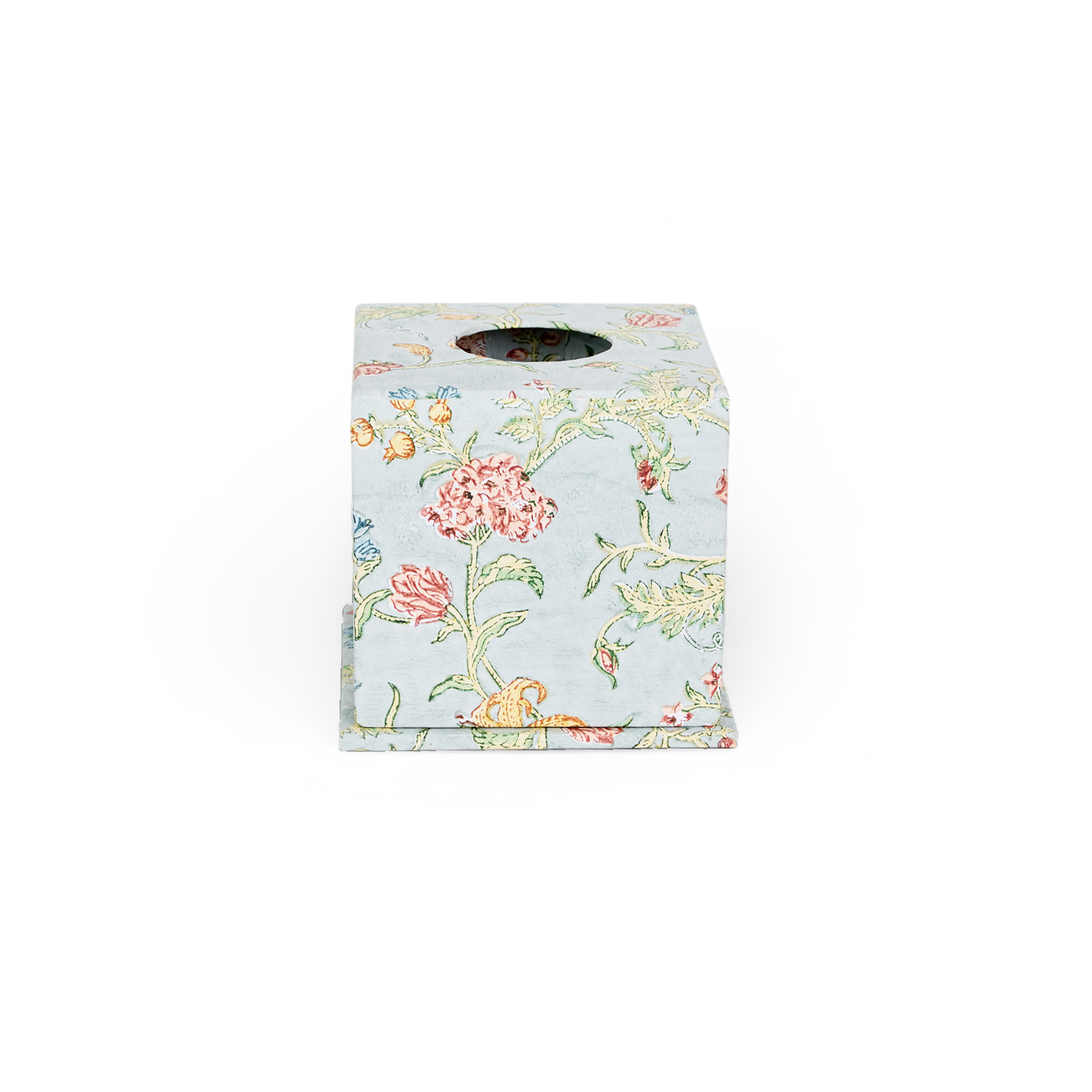 Spring Sky Garden – Hand Block Printed Tissue Box Cover (5.25” H x 5” W x 5” D)