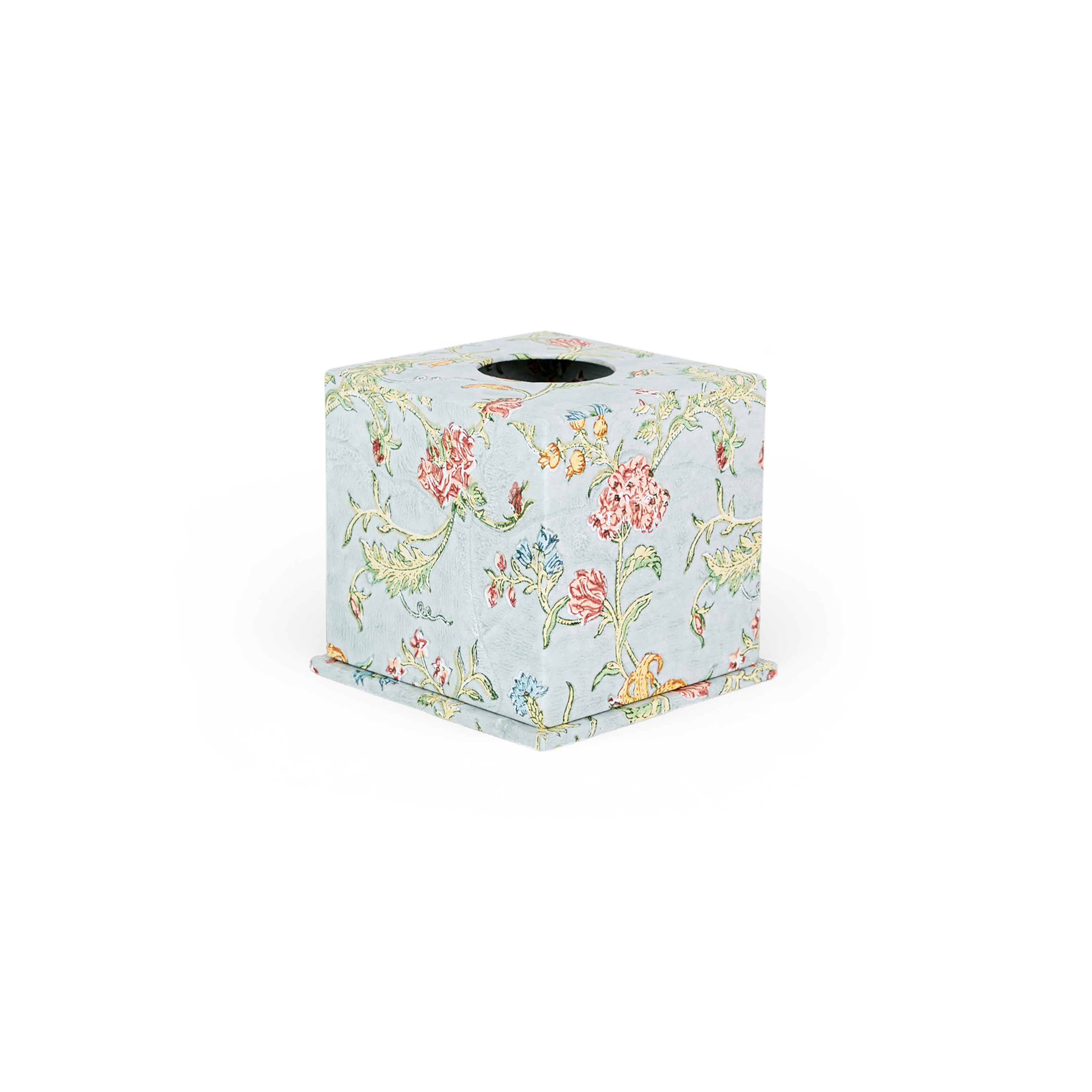 Spring Sky Garden – Hand Block Printed Tissue Box Cover (5.25” H x 5” W x 5” D)