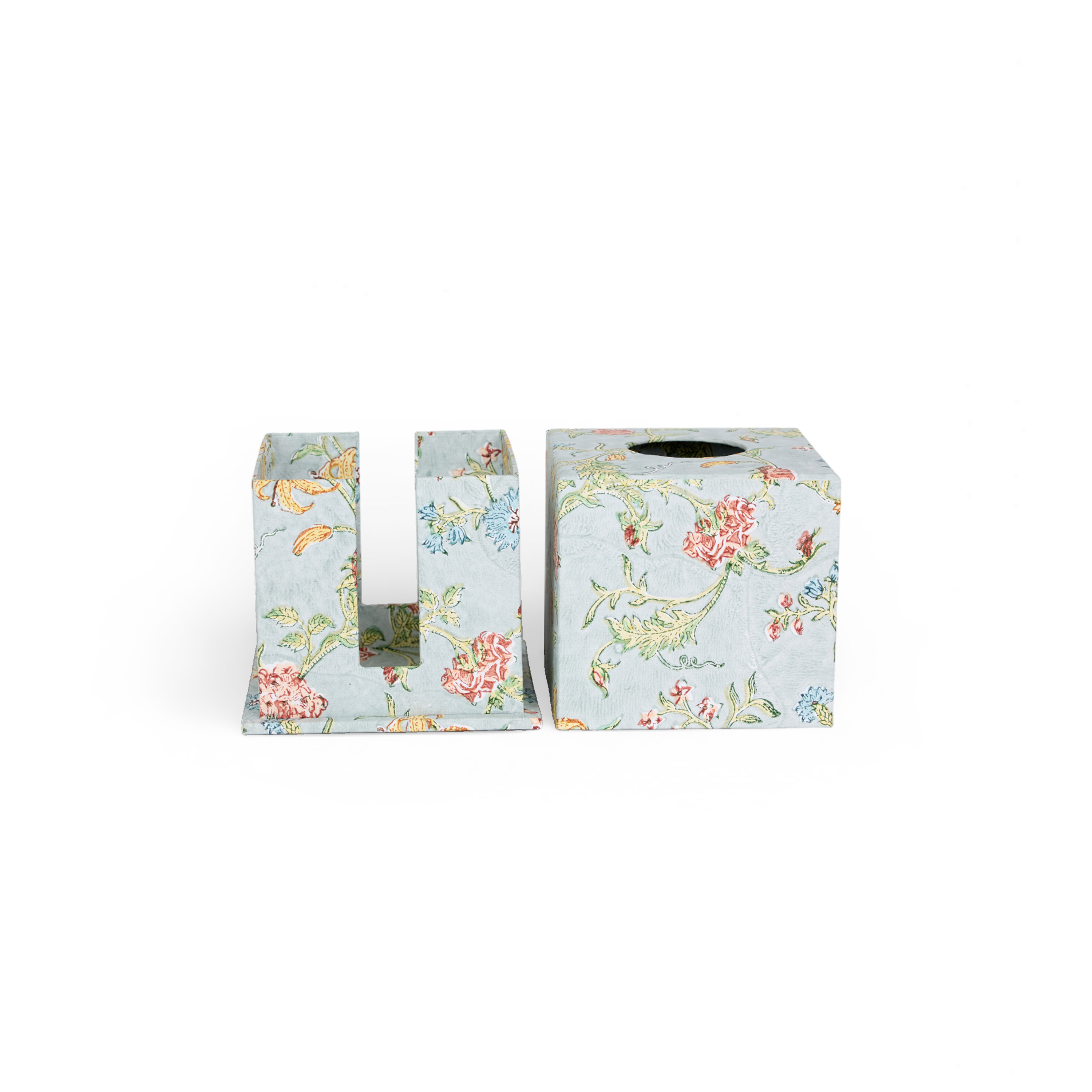 Spring Sky Garden – Hand Block Printed Tissue Box Cover (5.25” H x 5” W x 5” D)