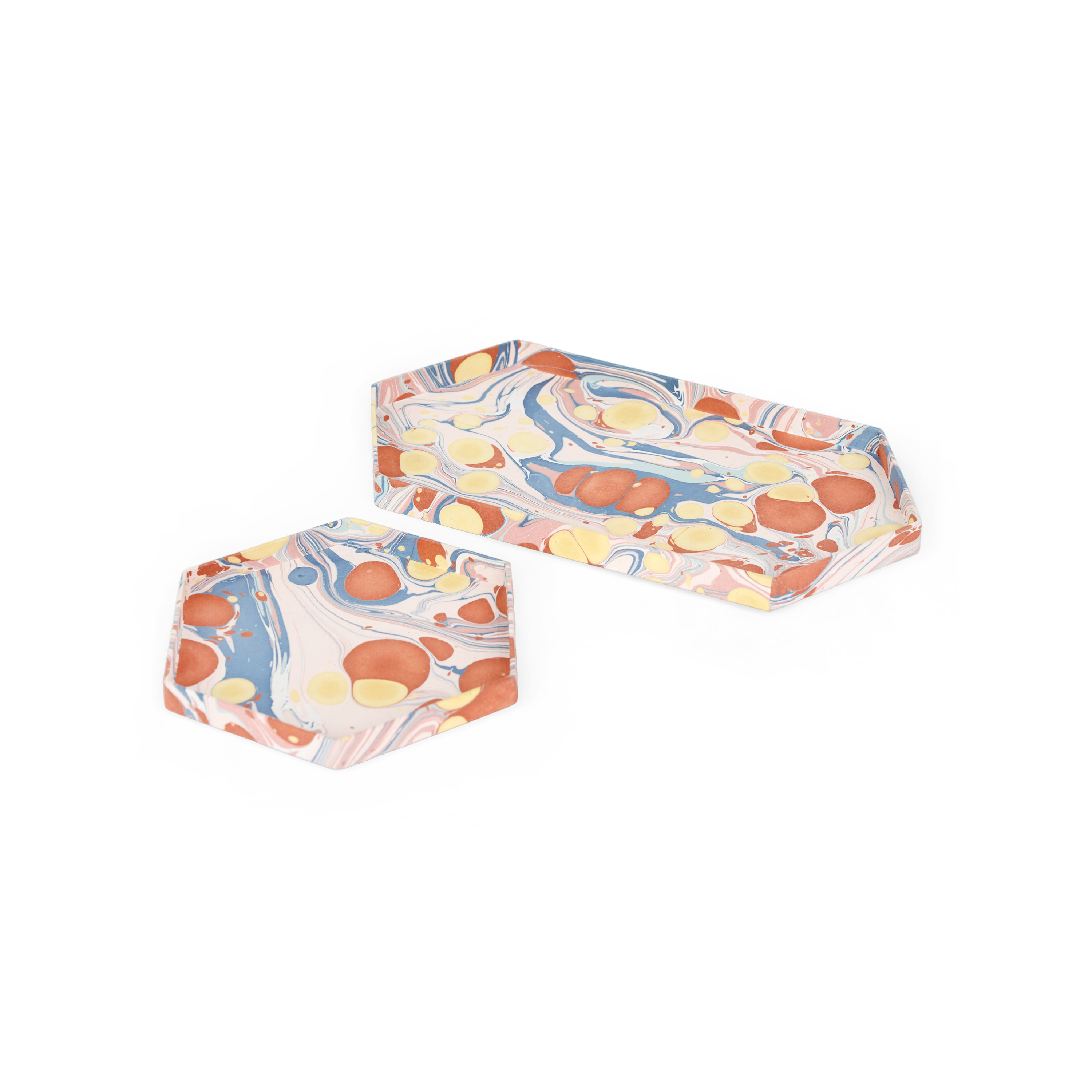 Sunset Stone – Hand Marbled Hexagon Tray Set (Set of 2) (Large: 13" x 7" x 0.75") (Small: 6.5" x 6.5" x 0.6")