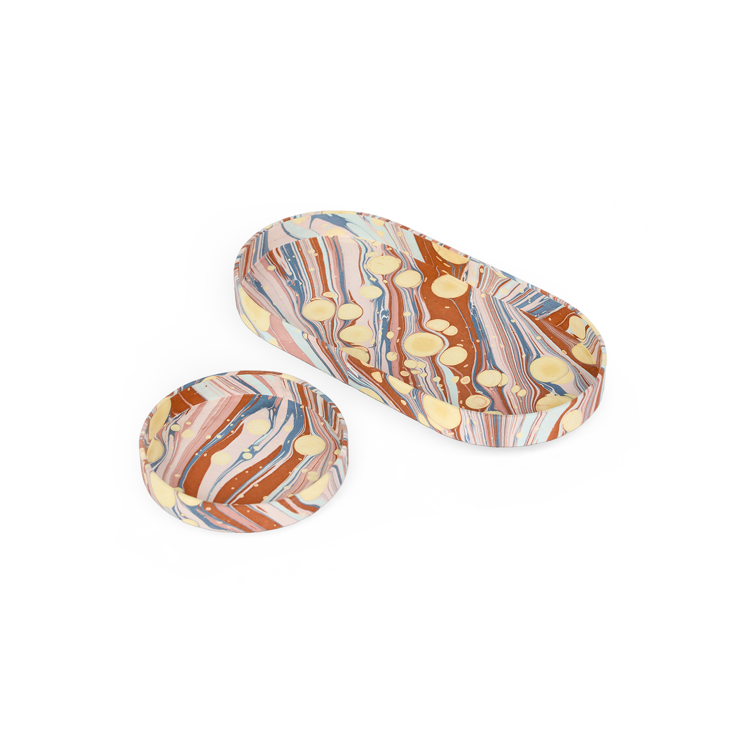 Sunset Swirl – Hand Marbled Tray Set (Set of 2) (Large: 4.5" x 9" x 1") (Small: 4" x 4" x 0.6")
